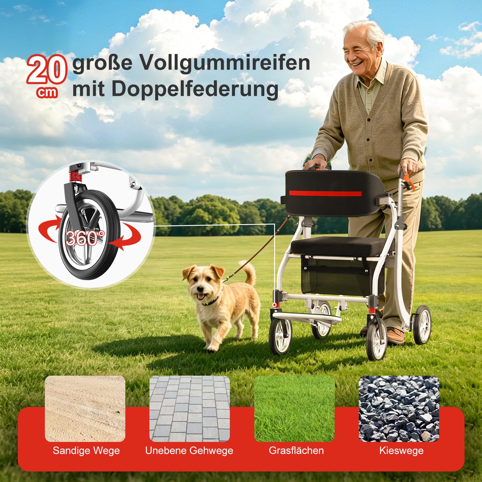 3-in-1 Aluminium Rollator Rollstuhl Faltbar und Leicht mit Sitz, Höhenverstellbar Gehhilfe, 9,3 kg Leichtgewicht Reiserollator Schmal für Wohnung, Rollatoren mit Aufbewahrungstasche (Weiß)