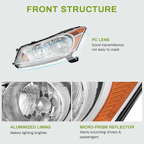 Miniatura 2 de AUTOSAVER88 Conjunto de faros delanteros compatible con Accord 2008-2012 de 4 puertas Sedan de repuesto de carcasa cromada ámbar reflector  Juego de