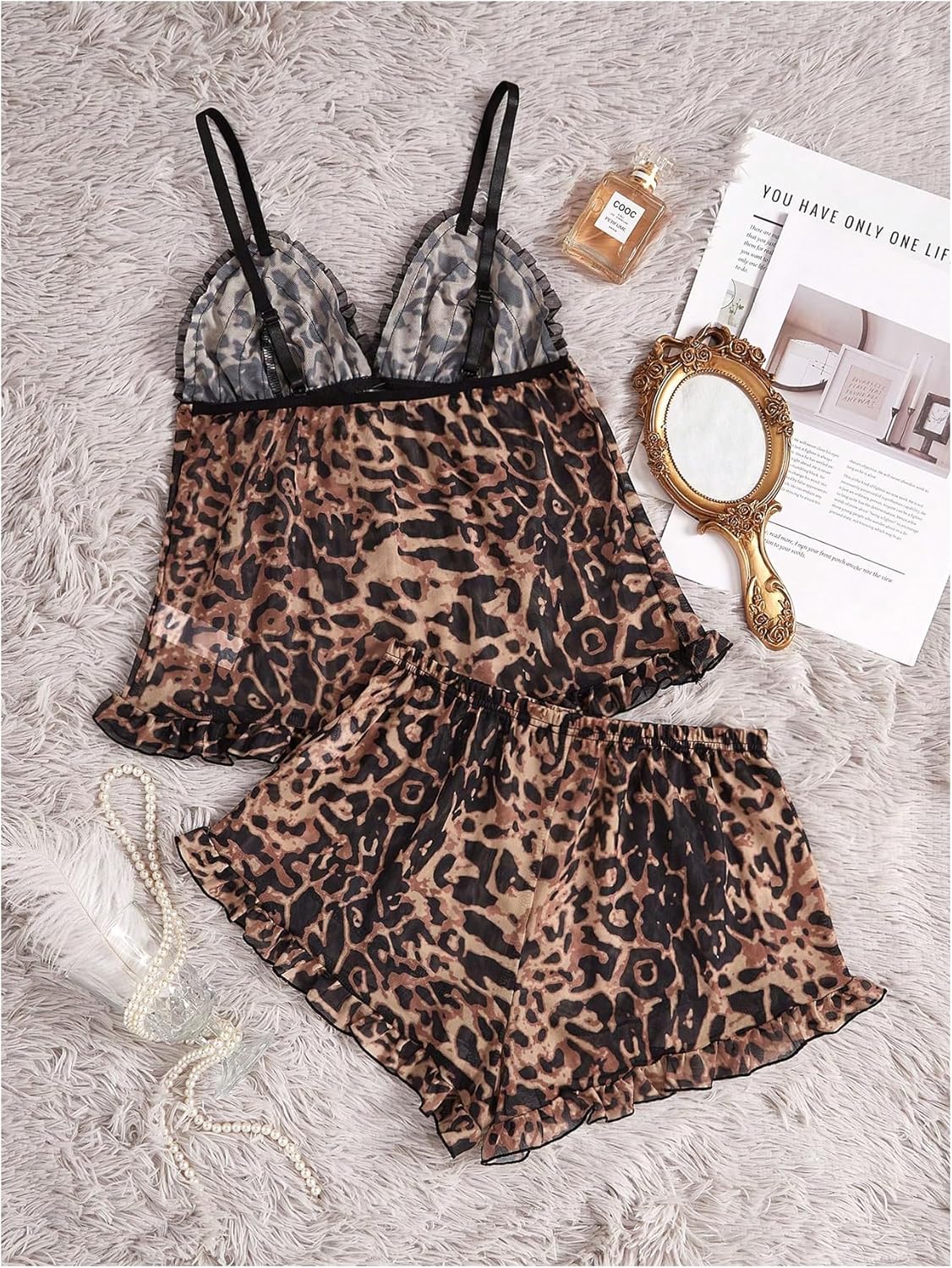 SHENHE Women's Mesh Pajama Set Ruffle Trim Cami and Shorts Sexy Sleepwear Leopard Pj Set - Image 2