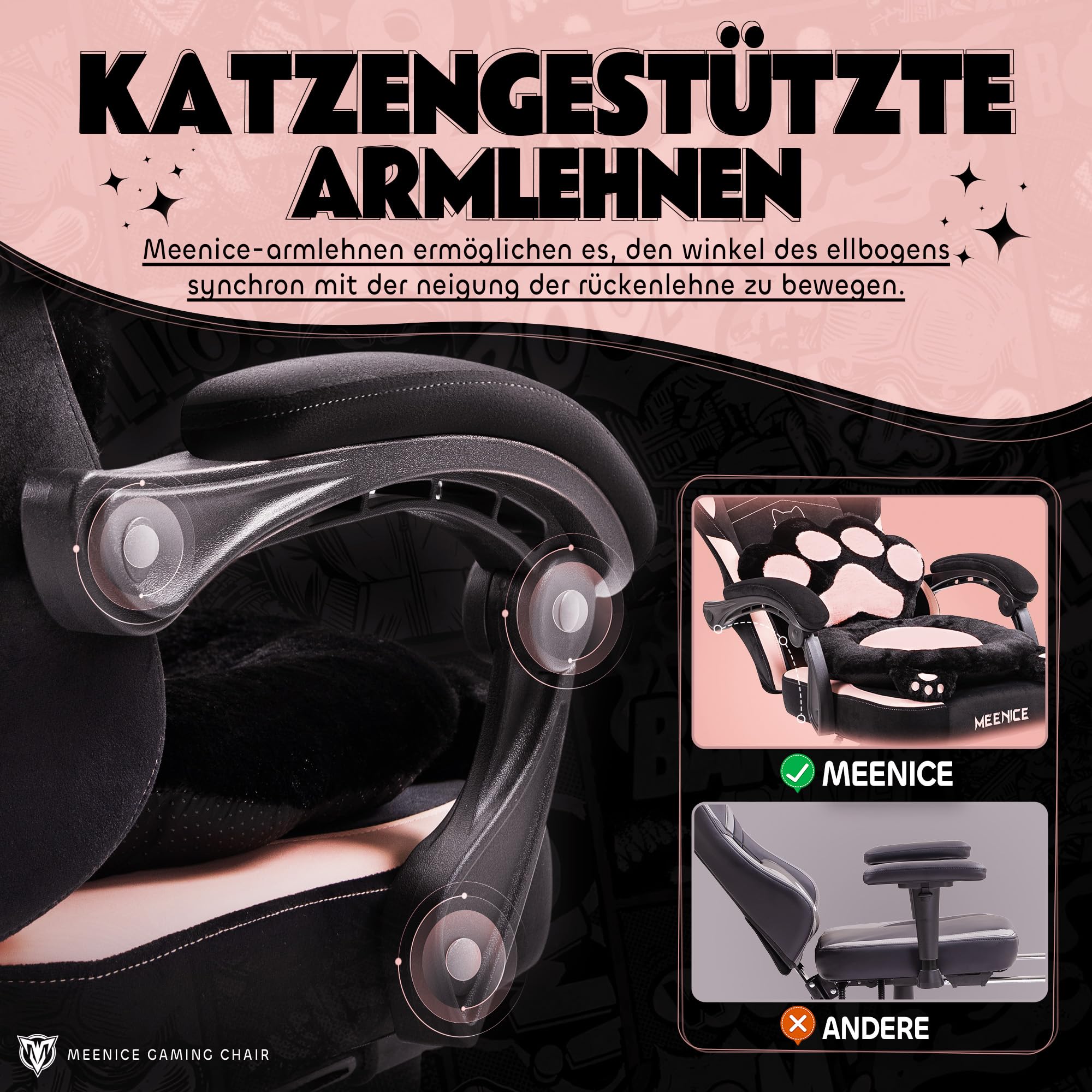 Sedia da gioco con zampa di gatto, cuscino lombare e orecchie di gatto, in velluto, ergonomica, con poggiapiedi, per ragazze, adolescenti, bambini, colore nero e rosa