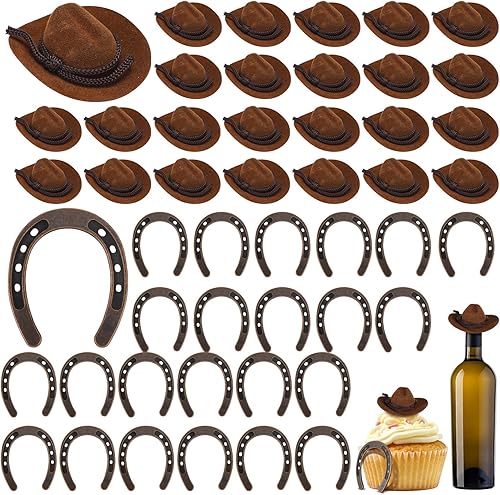 Miniatura 1 de Chuarry 48 piezas de decoraciones de vaquero occidental, incluyen 24 herraduras de la suerte y 24 mini sombreros de vaquera para manualidades,