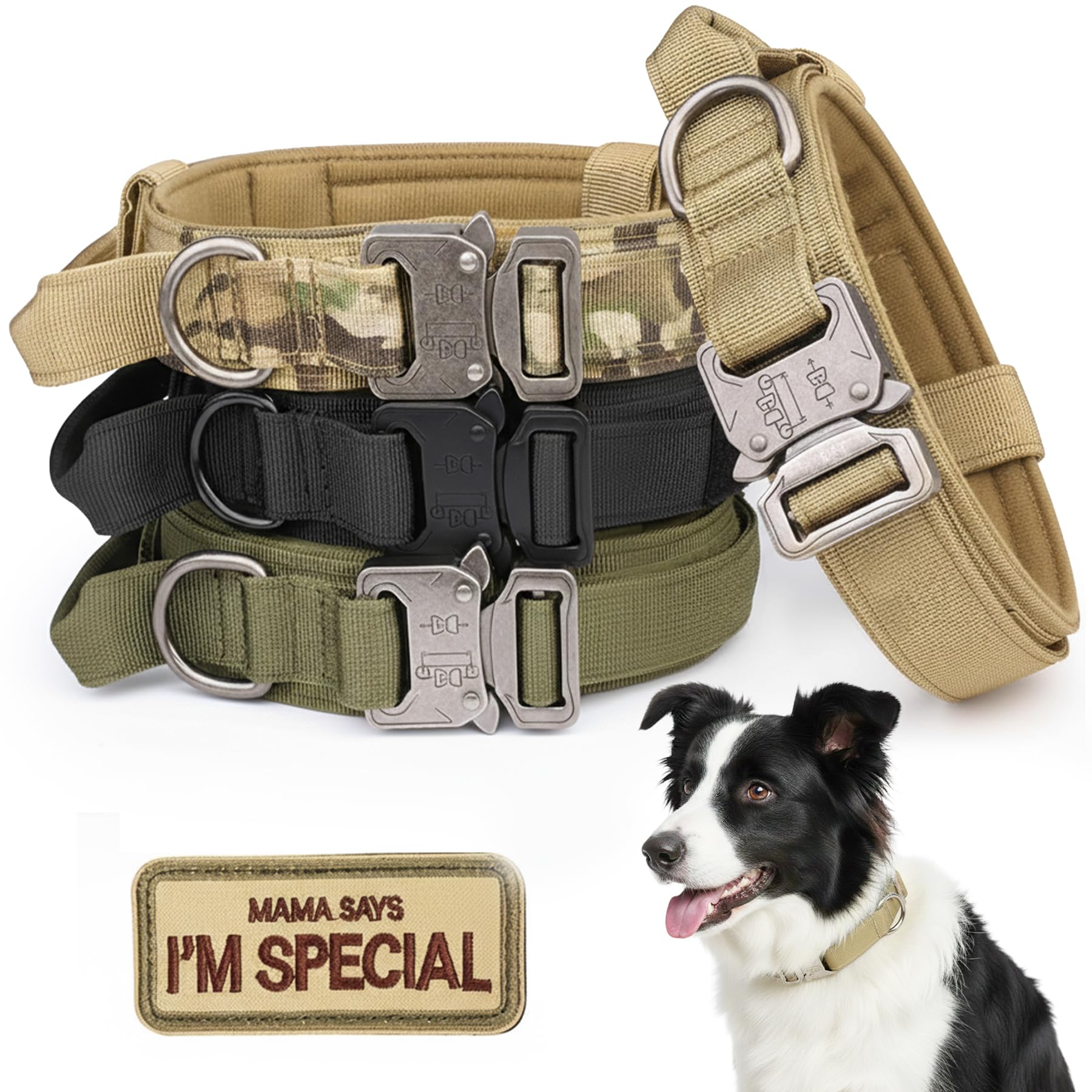 KCUCOP Tactical Dog Collar with Handle,Adjustable Military Dog Collar with Metal Buckle and Patches,Heavy Duty Dog Collars for Medium and Large Dogs (