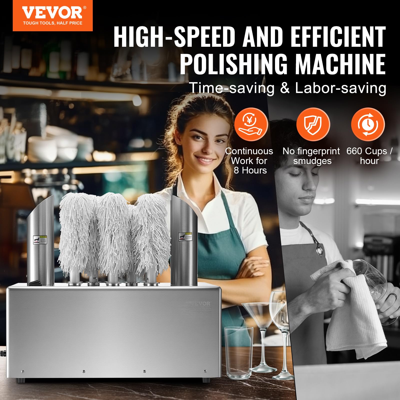 VEVOR Pulidora de Copas de Vino con 8 Cepillos Pulidora de Copas Eléctrica Comercial de 660 tazas/hora para Copas de Champán, Vasos de Cerveza, Jarras, para Bares, Restaurantes, Cocinas, Plata