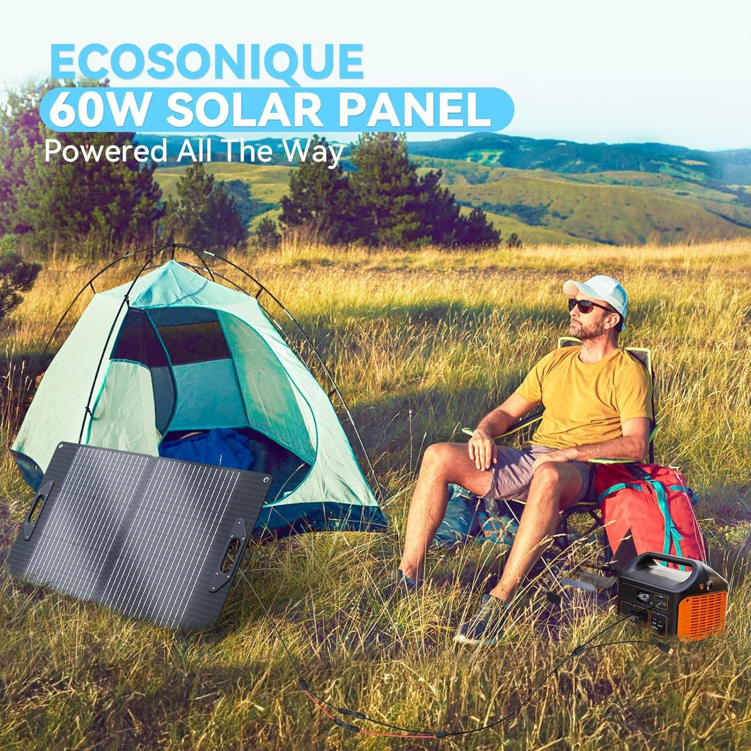 Ecosonique 60W Solarpanel mit Abnehmbarem Power Hub, 18V MC-4/12V DC/USB-A & USB-C Solar Charger mit Kickstand, ETFE & Handle Tragbare Solarmodule zum Camping