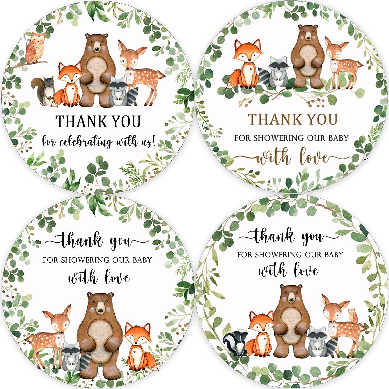 80 Woodland Thank You Favor Stickers, 2" Forest Animals Baby Shower Stickers, Woodland Baby Shower Party Decorations