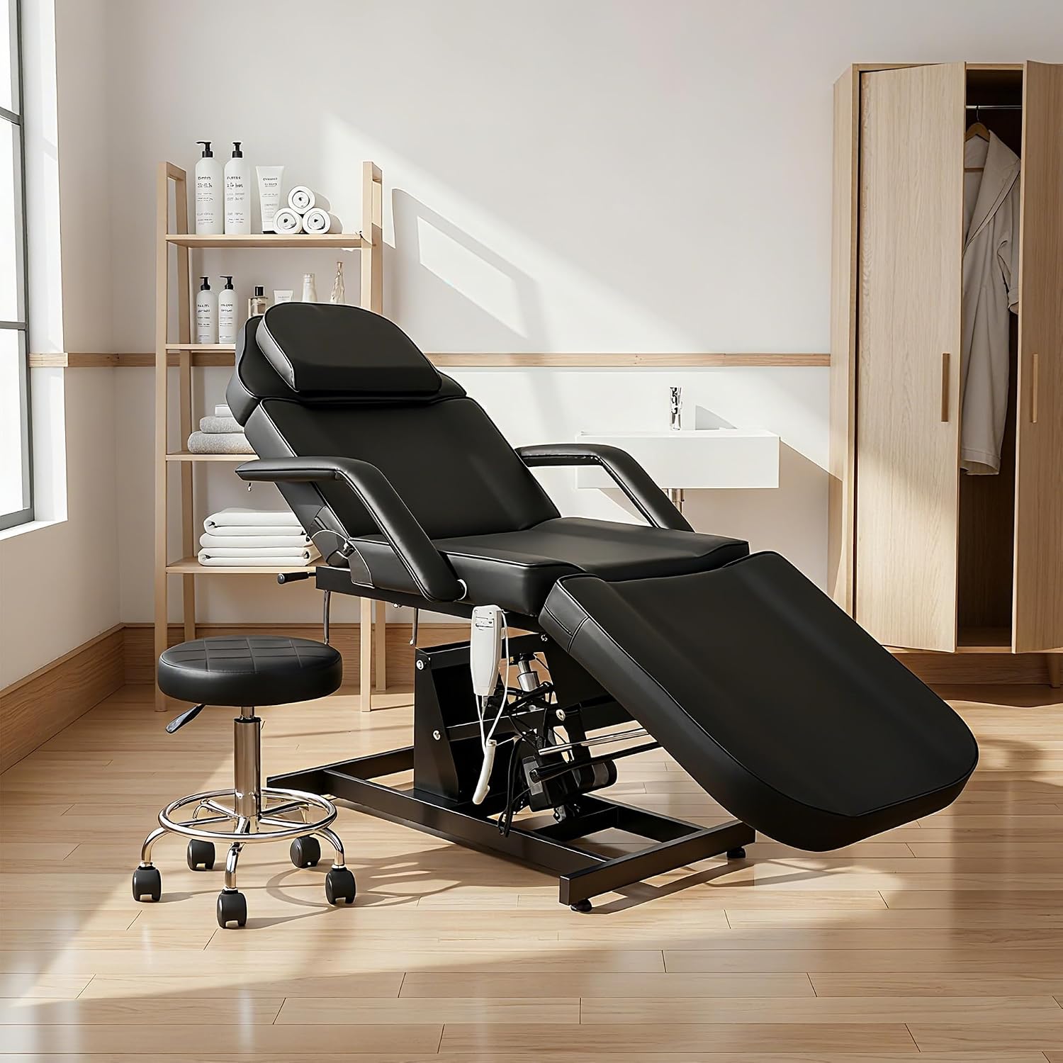 Fully Electric Facial Tattoo Bed for Client, Esthetician Lash Chair with Rolling Stool, Remote Control, Extended Headrest All Purpose Artist Massage Table Beauty Salon Spa Equipment, Black
