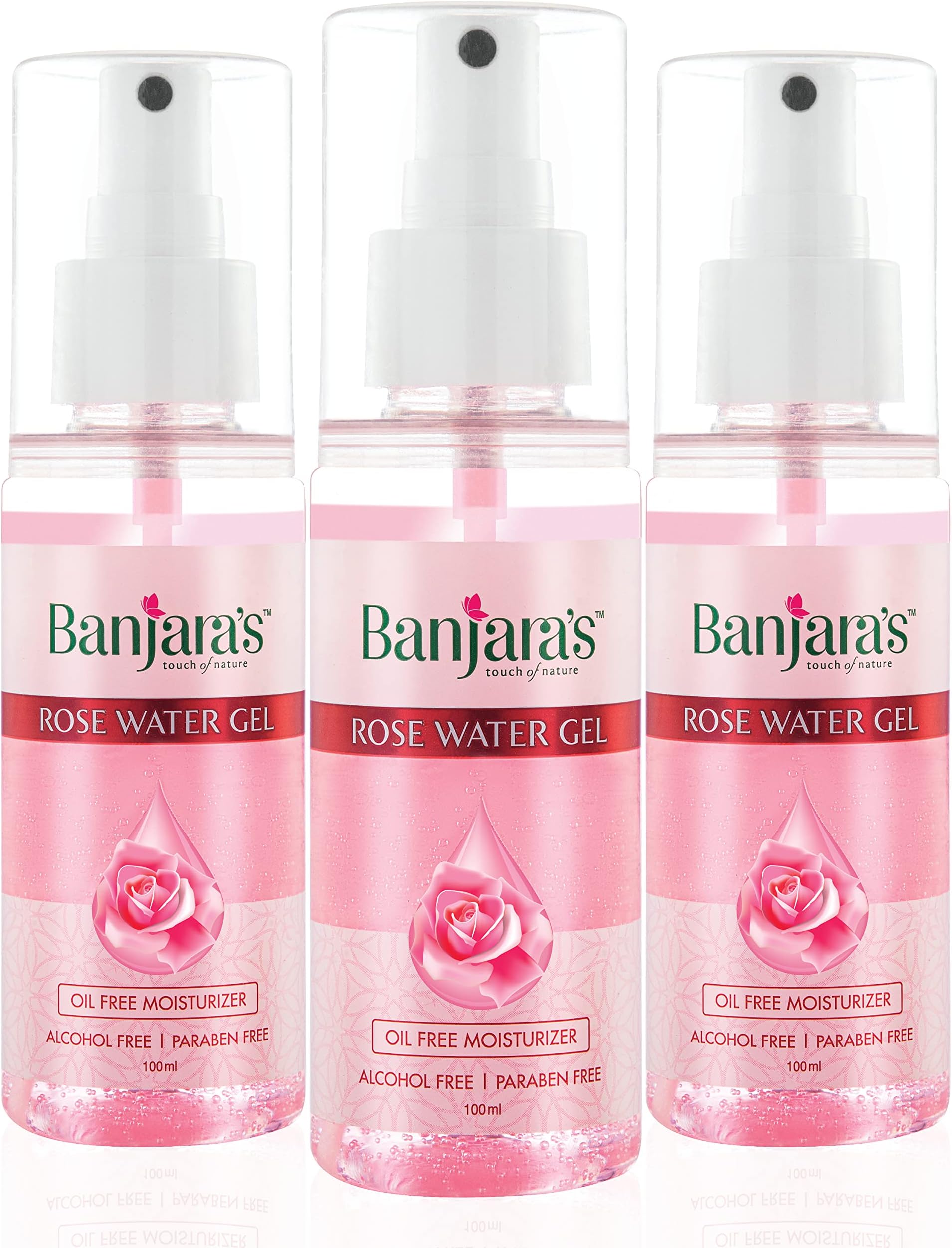 Banjara's Rose Water Gel | Oil Free Hydrating Spray Mist with Rose petal Extracts | Clears Impurities, maintains skin pH levels, Helps tighten pores | For Skin, Face,300 ml (100 ml X 3 Pack)