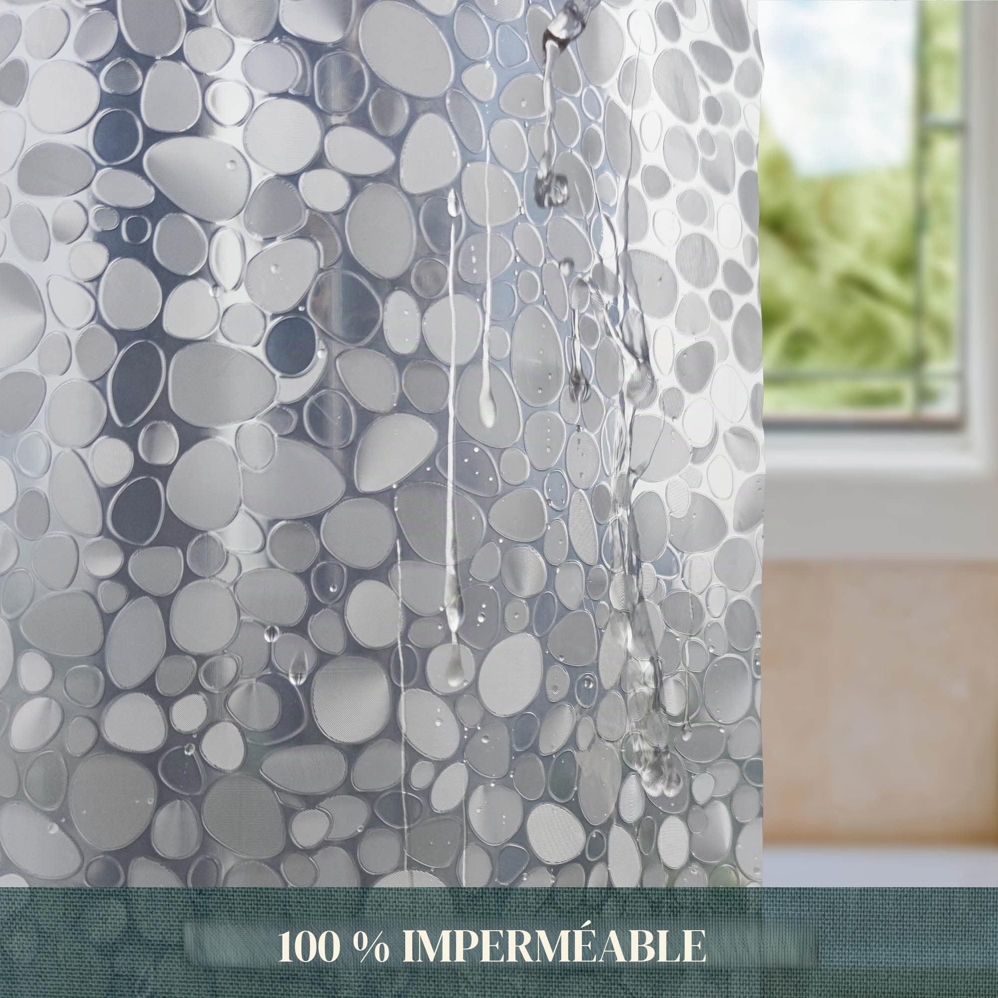 Rideau de douche ou doublure en PEVA sans crochet très résistant 8G, sans crochets nécessaires, en plastique imperméable sans PVC, taille standard 180 x 188 cm, motifs galets