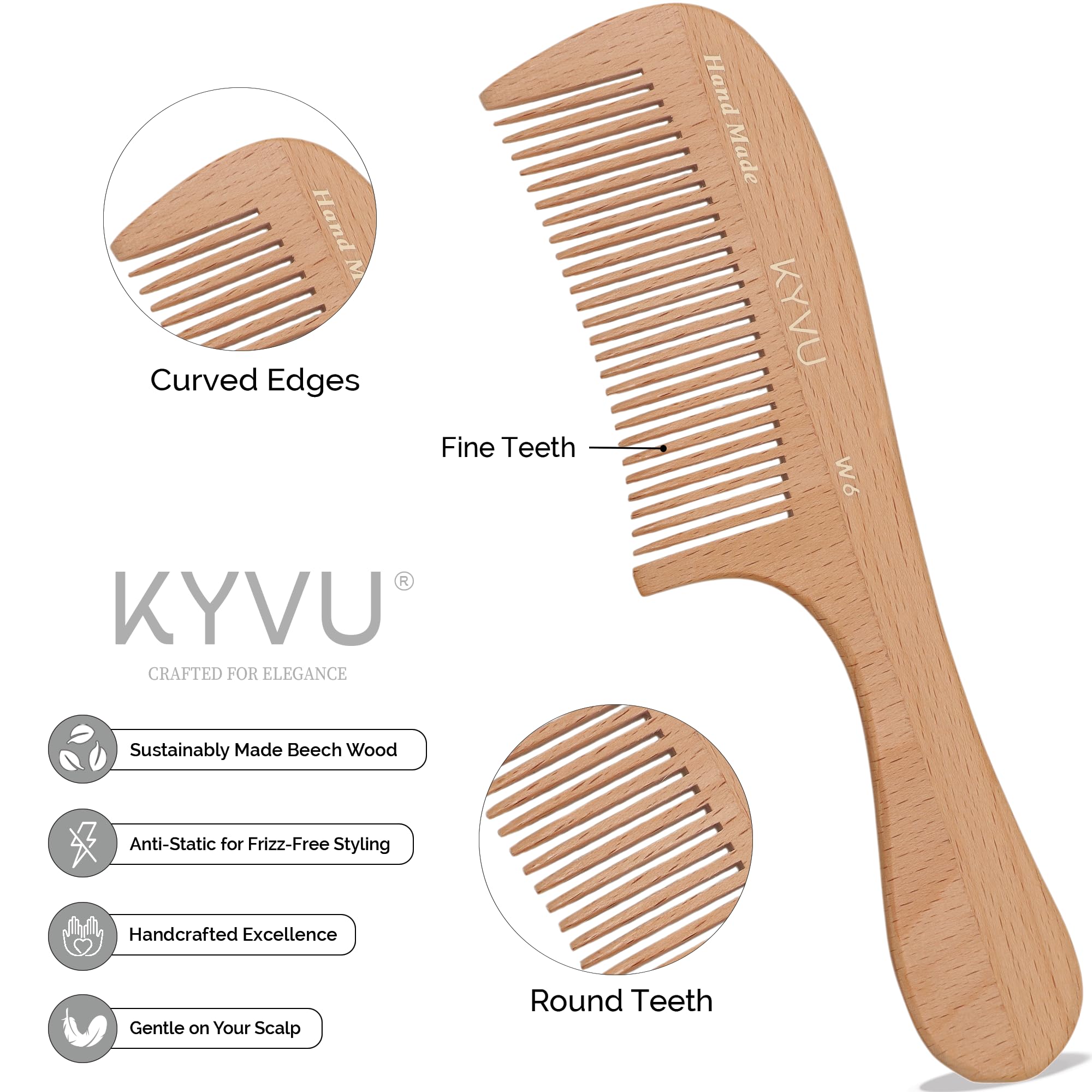 KYVU Wooden Hair Comb with Handle, Handmade 19 cm Fine-Tooth Beech Wood Comb for Men & Women - Image 2