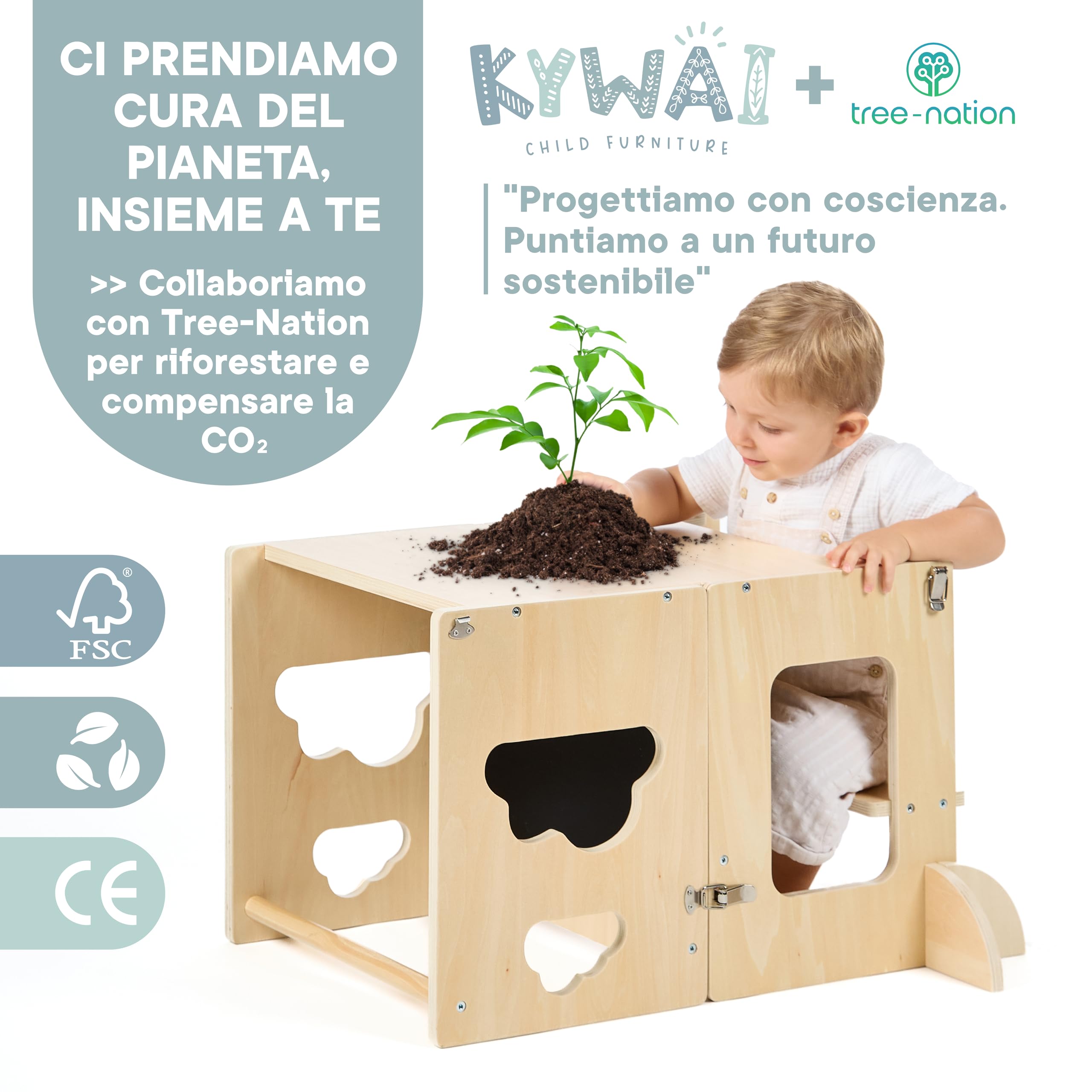 Torre montessoriana bambini – Torretta montessoriana pieghevole 3 in 1 Premium: convertibile in scrivania con lavagna, legno FSC, azienda sostenibile impegnata nella riforestazione, per bambini