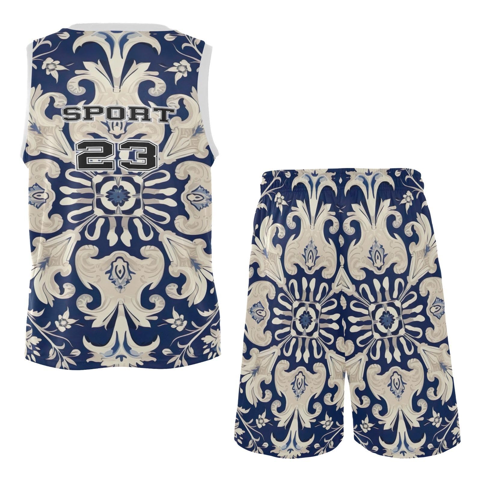 FLildon Blue Damask Baroque Floral Boys Basketball Jersey Set Tank Top Shorts Tracksuit Sport Training Suit for Kids, XXL