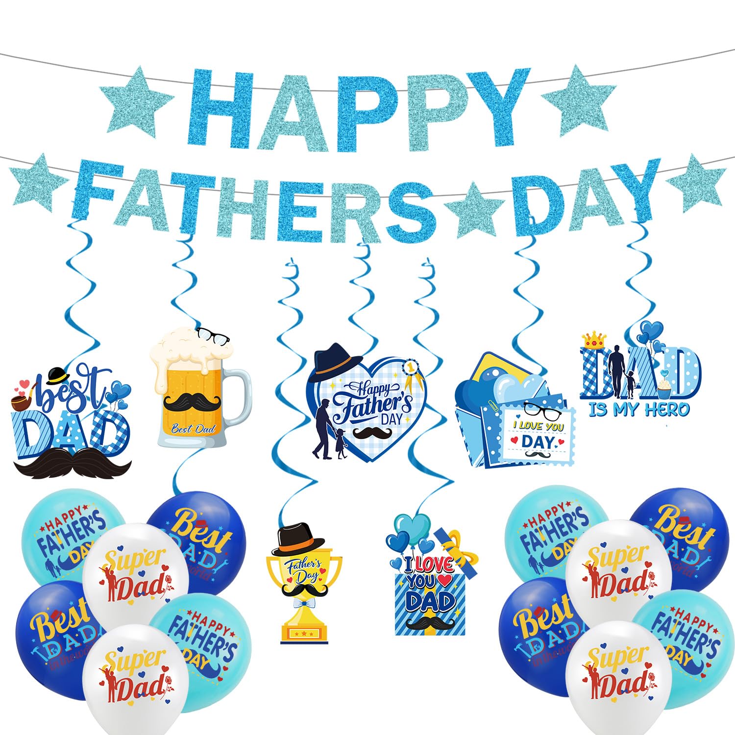 Luvart Fathers Day Party Decorations - 2 Gold Foil Letter Banners Happy Fathers Day, 7 Hanging Swirls 12 Printed Dad Balloons Home Décor