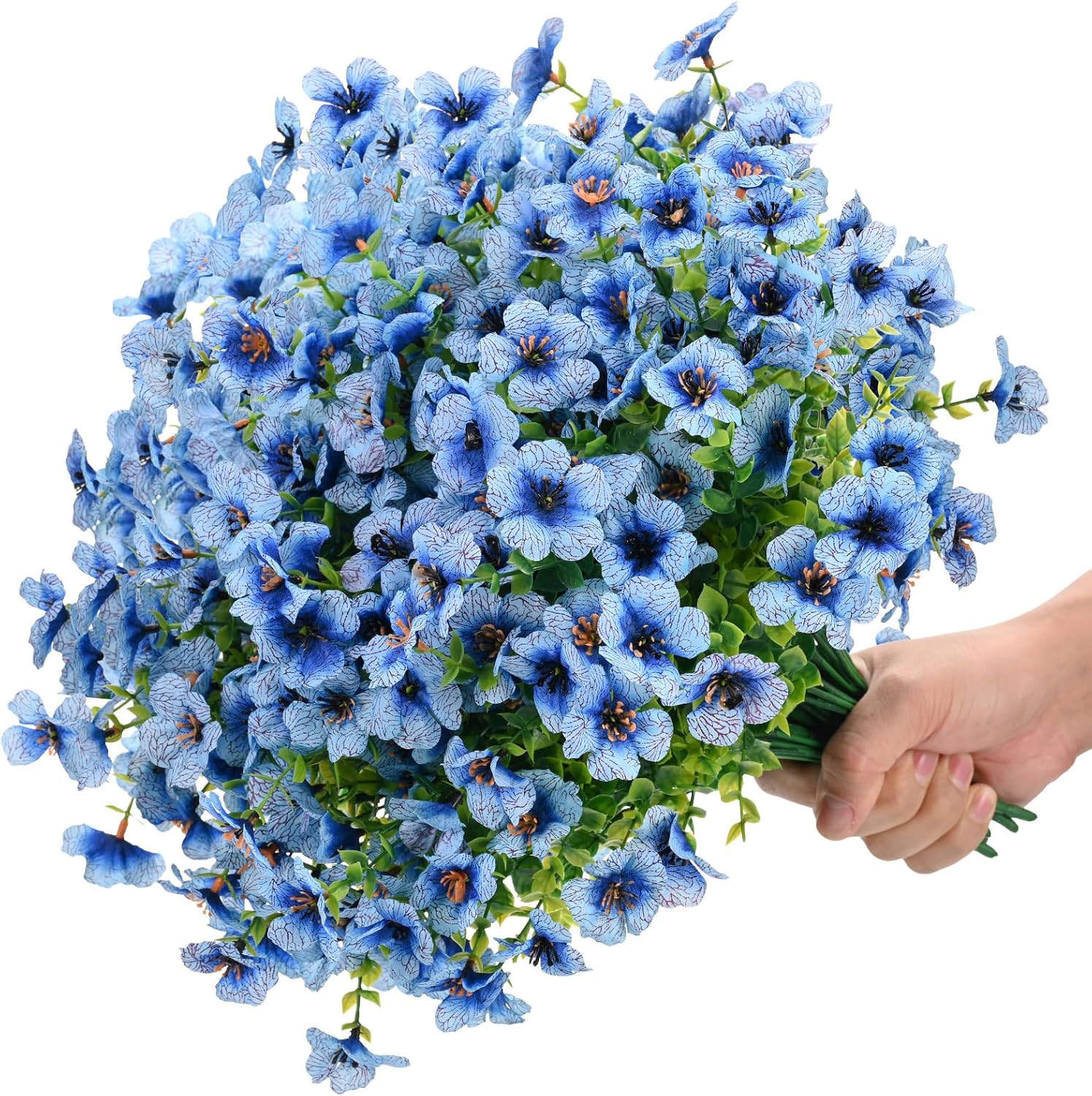 14 Bundles Artificial Flowers for Outdoors, UV Resistant Fake Faux Flowers for Spring Summer Front Porch Patio Balcony Yard Garden Home Decor (Sky Blue)