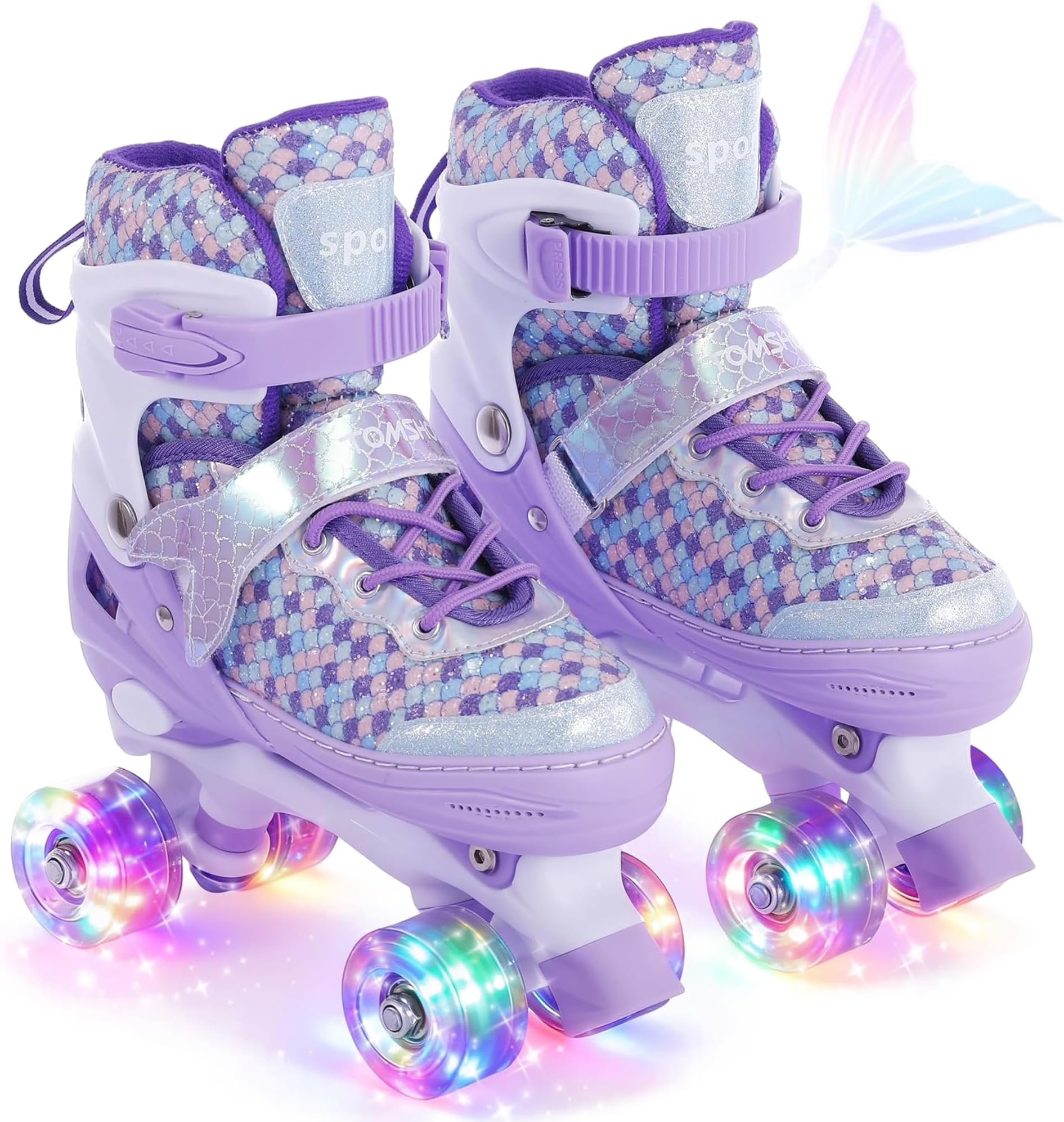 TOMSHOO Roller Skates for Girls Kids Roller Skates 4 Sizes Adjustable With 8 Light Up Wheels Children's Quad Skates for Birthday Gifts