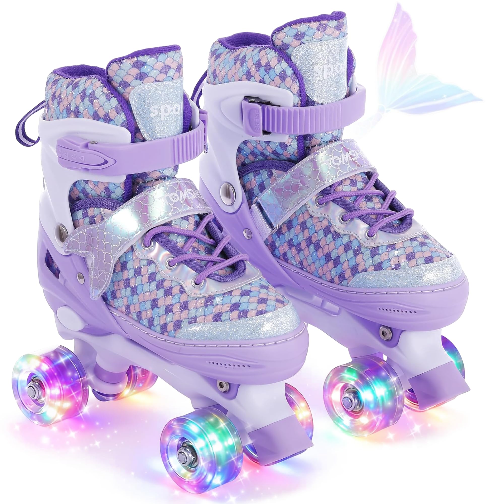 TOMSHOO Roller Skates for Girls Kids Roller Skates 4 Sizes Adjustable With 8 Light Up Wheels Children's Quad Skates for Birthday Gifts (Mermaid Purple, Large(UK 3.5-4.5))