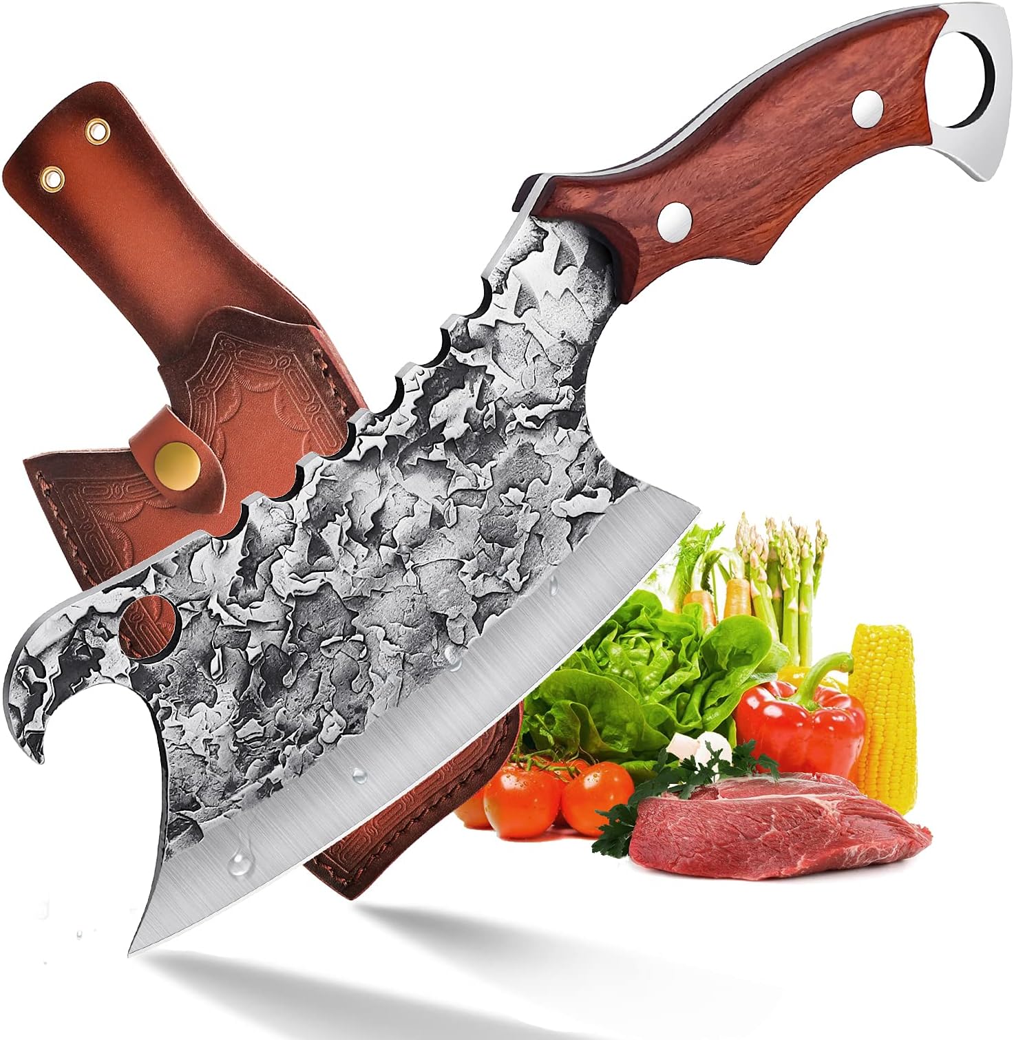 univinlions Hand Forged Meat Cleaver Sharp Butcher Knife for Meat Cutting Vegetable Cleaver with Sheath for Home Kitchen Outdoor Camping BBQ Father Day Christmas Thanksgiving Gift Idea Men