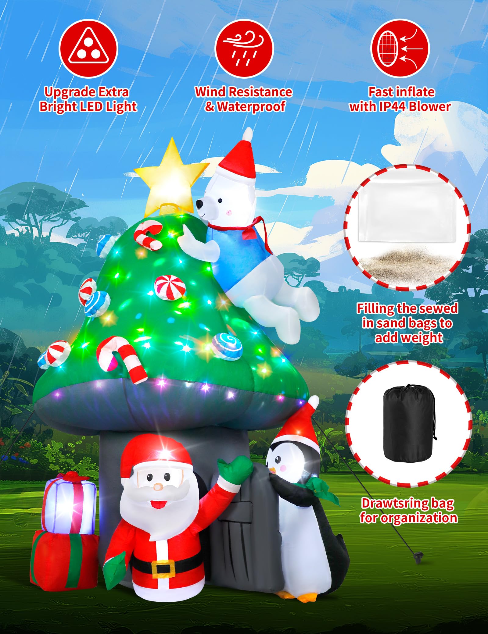 Maison Champignon Gonflable 7 Pieds / 213 cm – Décoration Noël Extérieur avec Père Noël Gonflable, Ours Blanc, Pingouin et LED Rotative, Jardin et Intérieur Maison