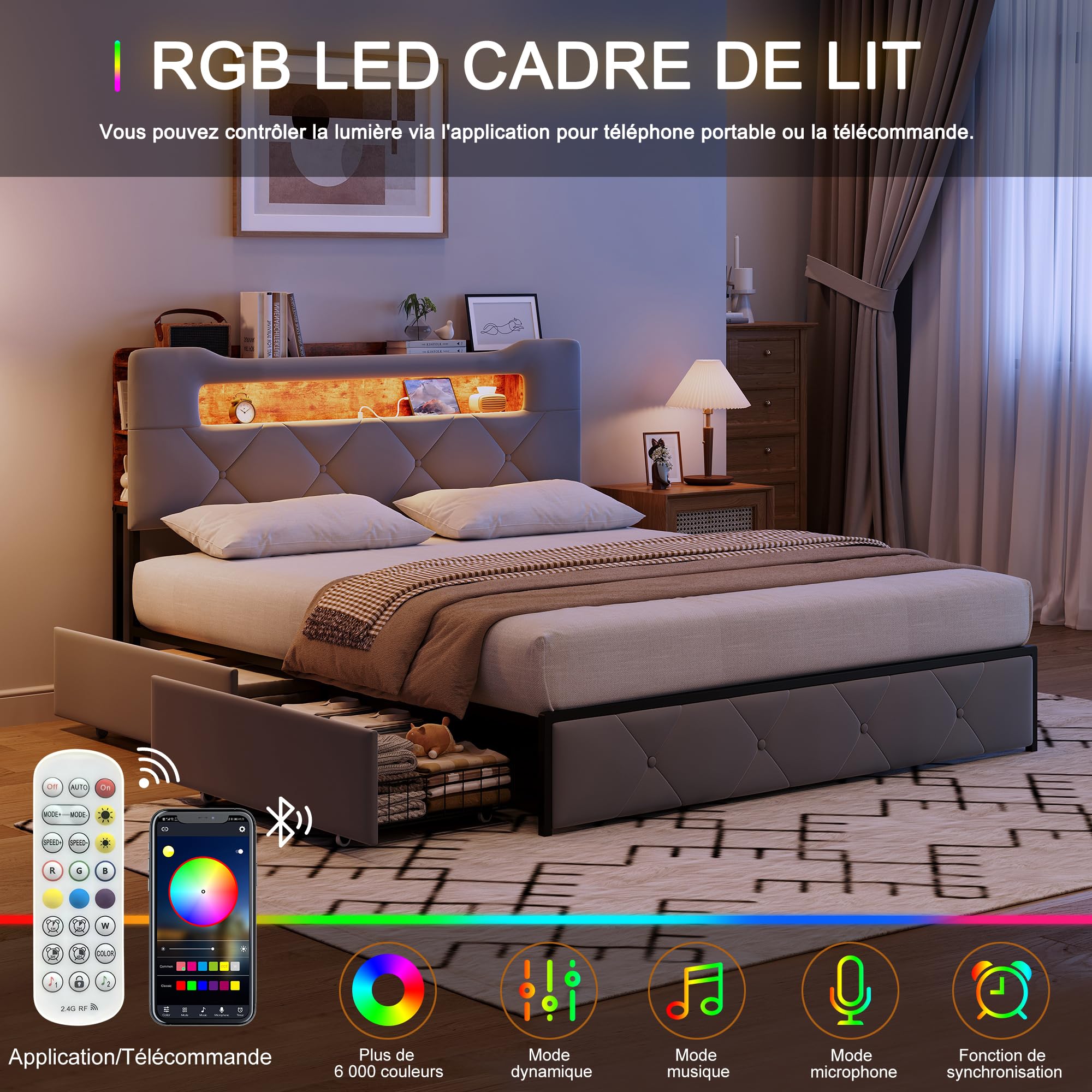 Letto 160x200 Matrimoniale, Letto con 4 cassetti, testiera con Illuminazione a LED e Funzione di Ricarica USB,Struttura Letto in Metallo con doghe in Legno，Letto Imbottito Velluto,Gris