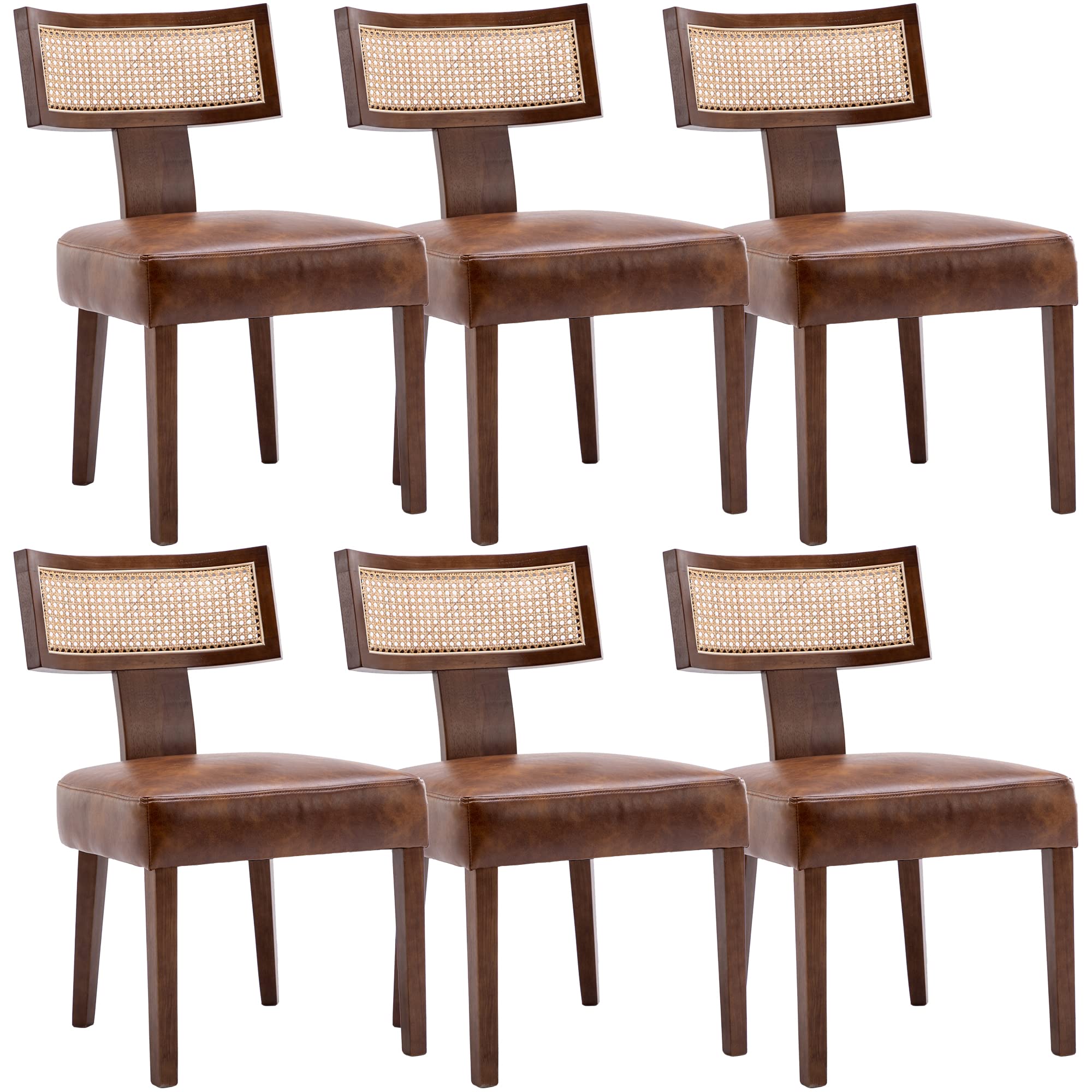RIVOVA Mid Century Modern Dining Chairs Set of 6 Rattan Kitchen Chairs PU Leather Upholstered Side Chairs, Modern Kitchen Armless Solid Wood Dining Chairs, Brown