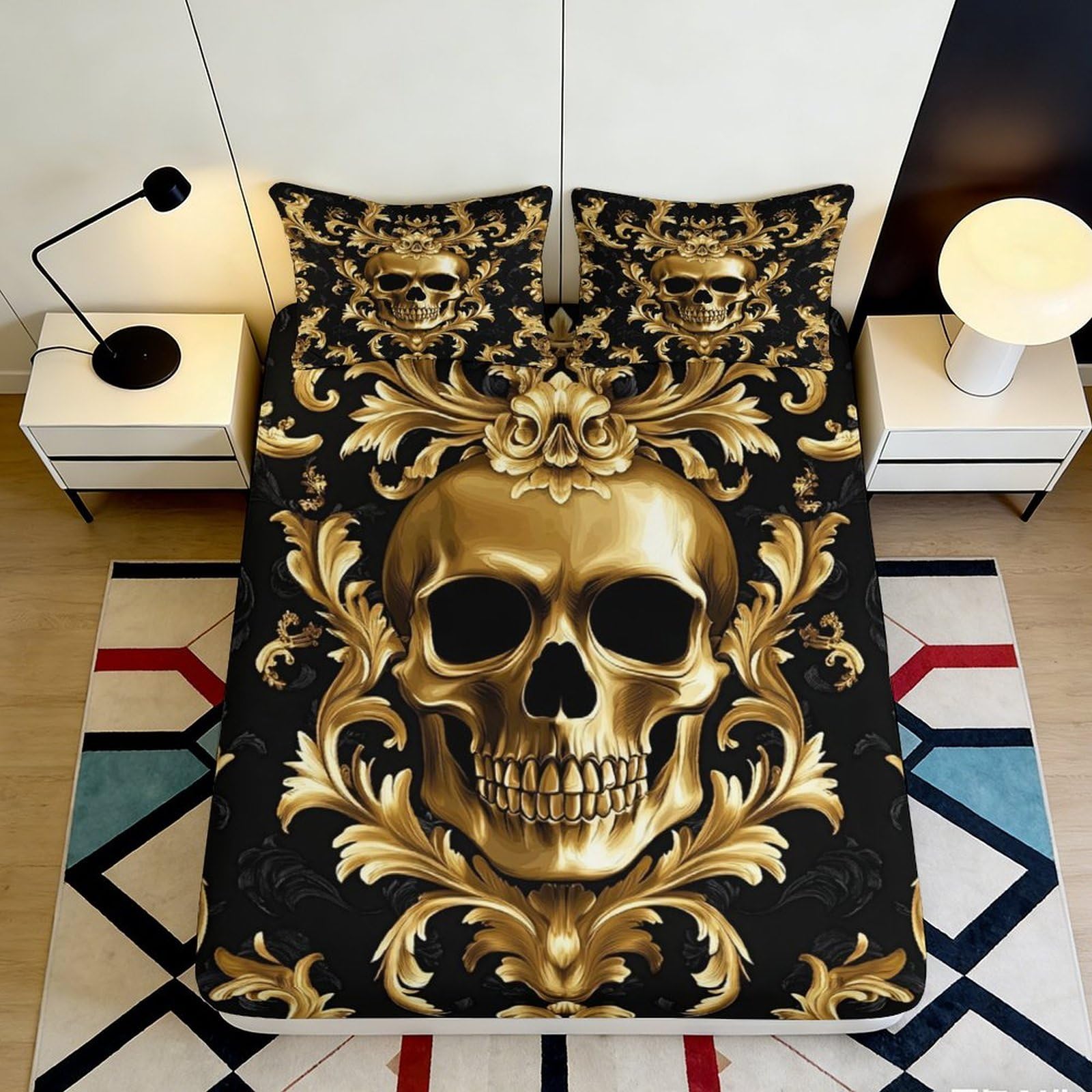 Tjiqhvmrn Style-3 3D Printed Golden Skull Fitted Sheet Microfiber Non-Slip Deep Pocket Bedroom Bedding Gold Skull Mattress Fitted Cover Washable For Adults & Teens 90X200x25cm