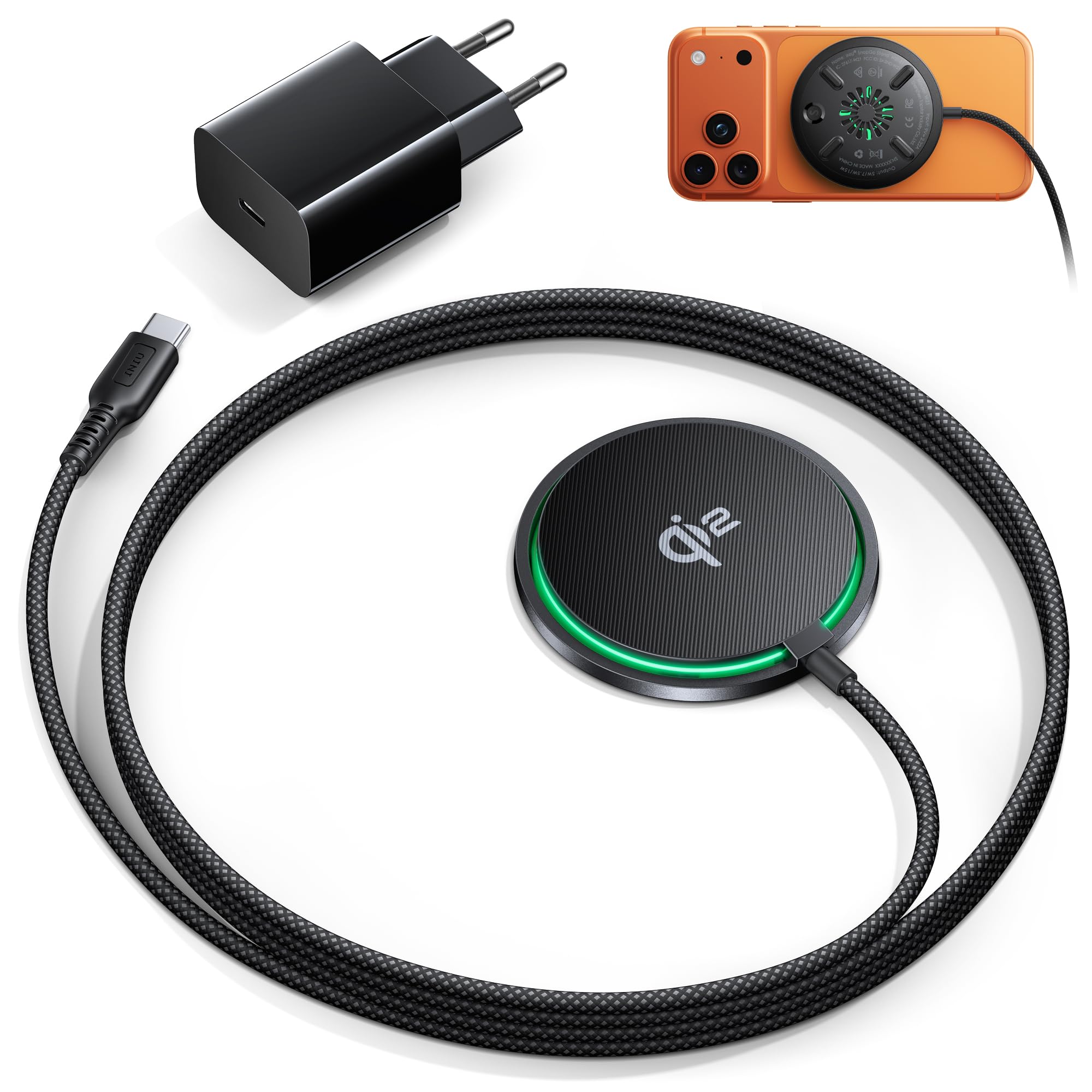 INIU Caricatore Wireless iPhone, Certificato Qi2 Caricabatterie Magnetico 15W Rapido con Raffreddamento, Ricarica Wireless Mag-Safe per iPhone 17 16 15 14 13 12 AirPods 4 3 (con Adattatore USB C 20W)