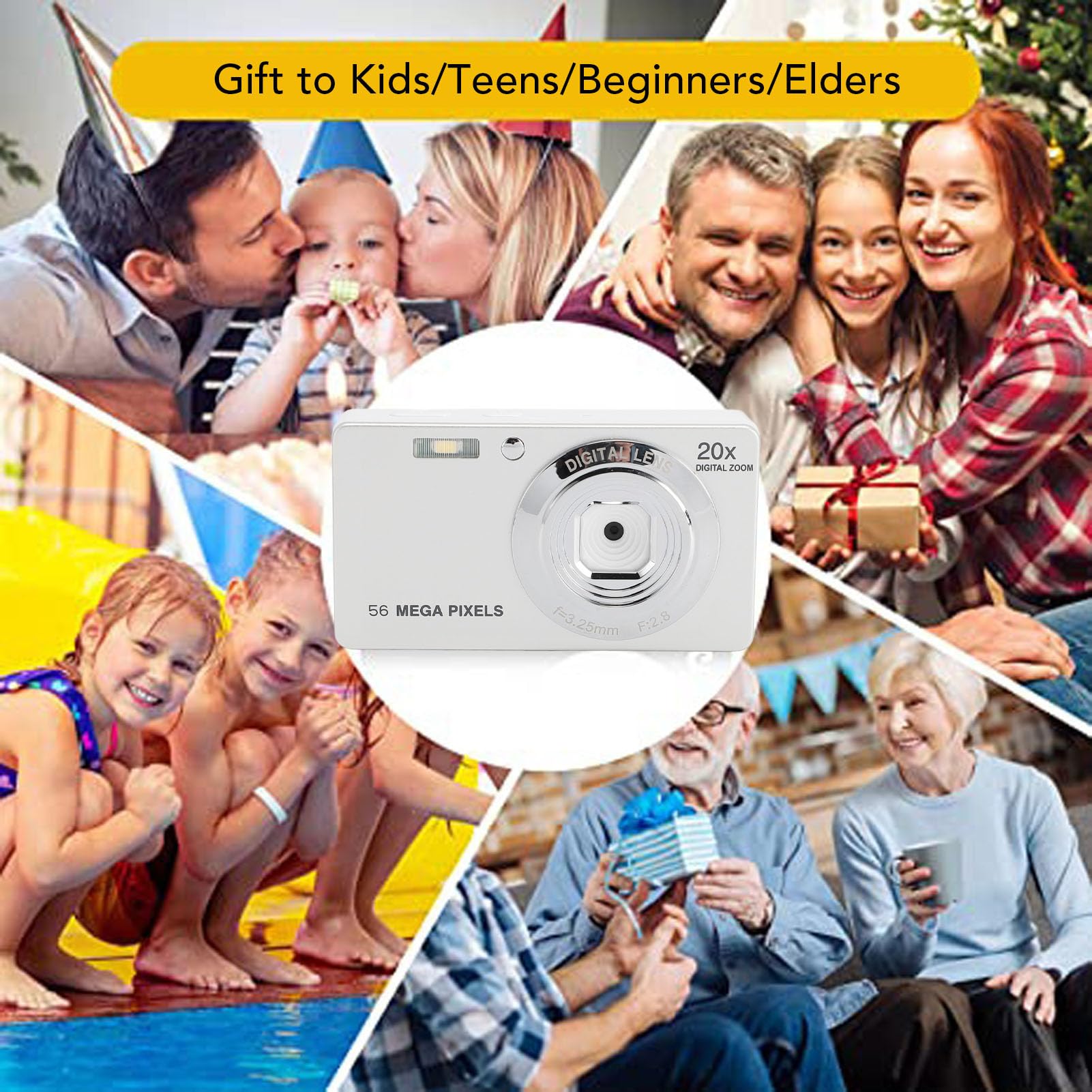Aparat Cyfrowy 4K, Kompaktowe Aparaty Podróżne dla Nastolatków, Aparat Fotograficzny 56 MP 1080P HD z 20-krotnym Zoomem Cyfrowym i funkcją Automatycznego Ustawiania Ostrości,