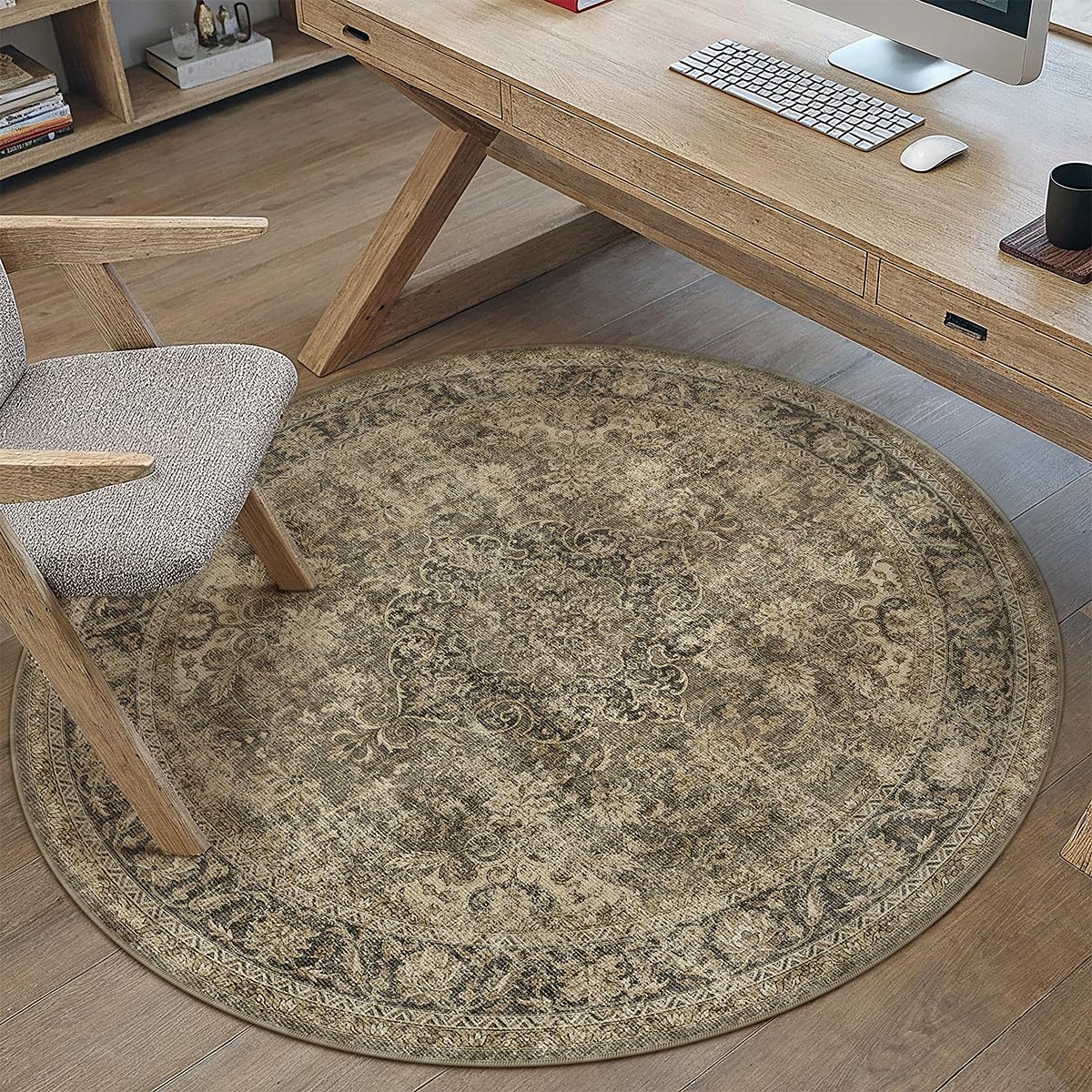wondrg 3x3 washable brown round rug vintage entryway kitchen cirlce rug non-slip soft low pile distressed indoor carpet for entrance bathroom dining room