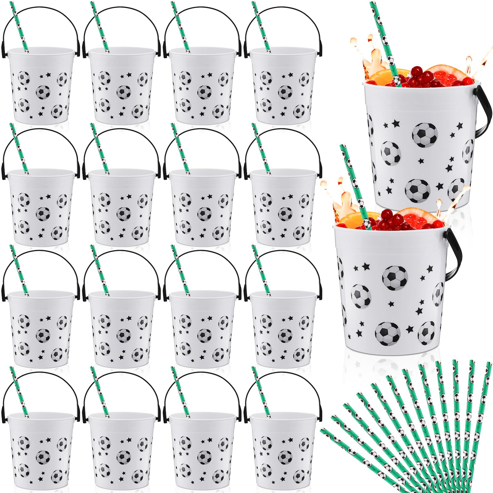 Lemosae 24 Pcs 32 oz Soccer Buckets with Handles and Straws Soccer Party Favors Rum Buckets Small Plastic Ice Soccer Cocktail Buckets Bulk Reusable Punch Bowls for Drinks Beverages Beer