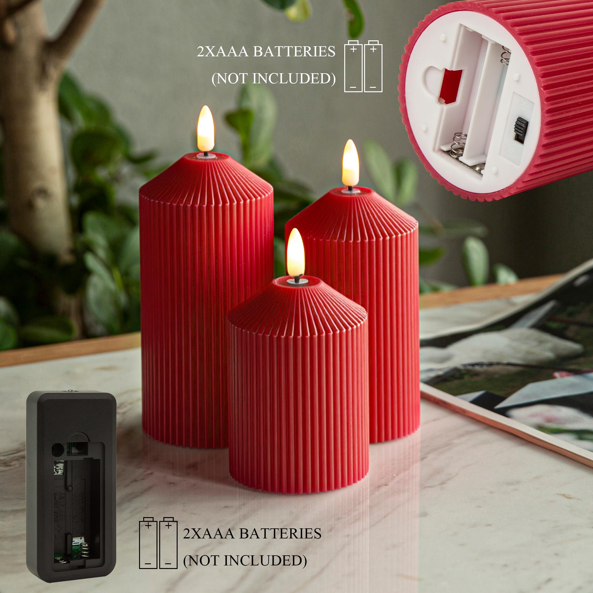 LUSHARBOR Candele senza fiamma con telecomando, a batteria, in vera cera, a LED, con timer, fiamma tremolante, per matrimoni, feste in casa, set da 3, colore: rosso