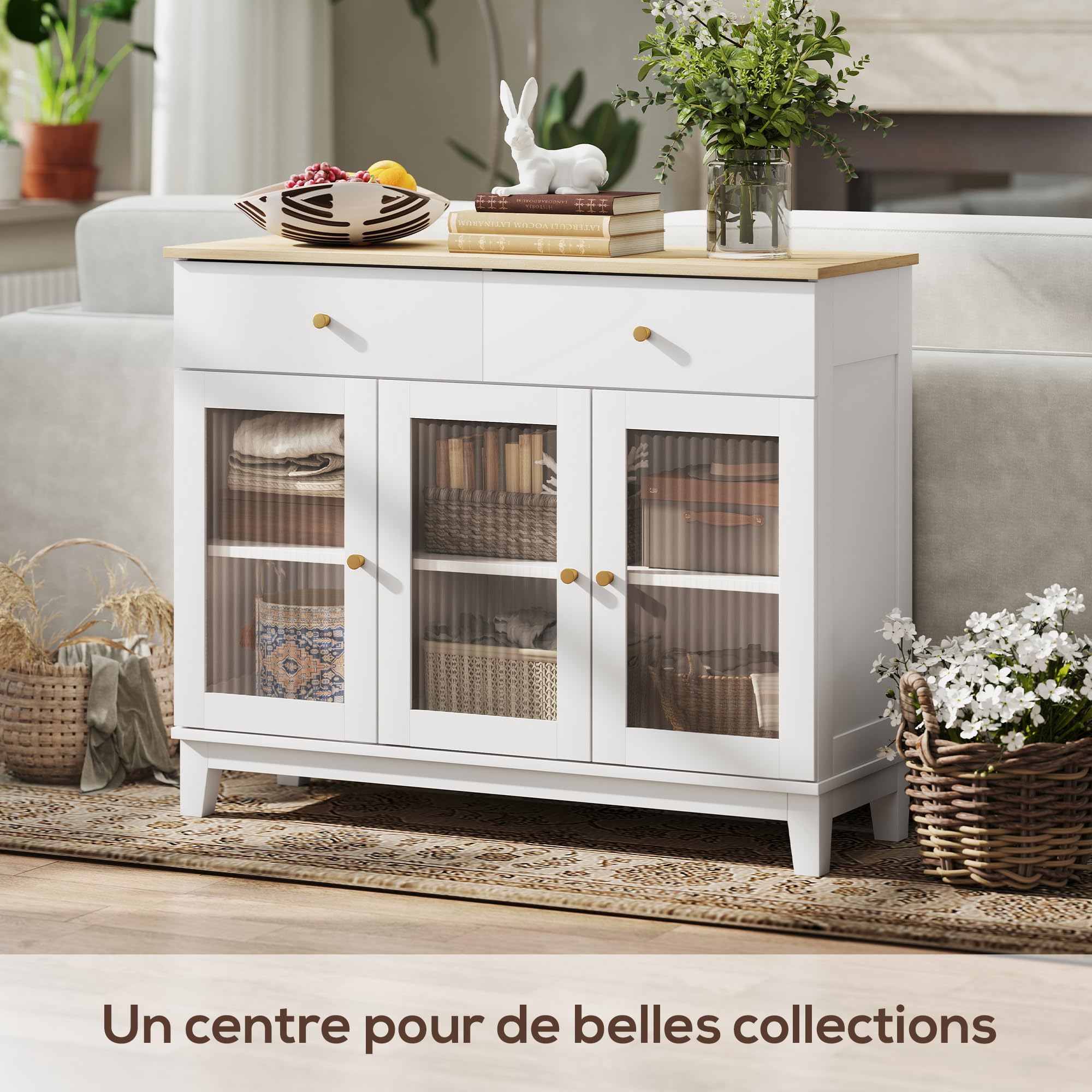 HOMCOM Buffet Salon Rangement Portes en Verre 100 x 35 x 80,3 cm Blanc