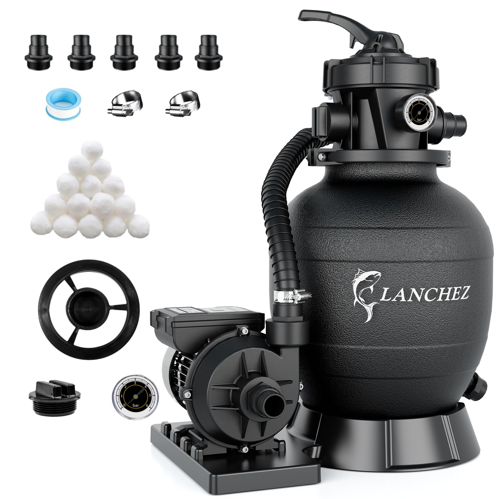 LANCHEZ Sandfilteranlage 11.500 L/h, 7-Wege-Ventil, 24h Zeitschaltuhr, 200g Filterbälle, Sandfilterkessel für Pool, Tankvolumen Maximal 10 kg Sand, 2in1 Adapter Ø32mm-38mm