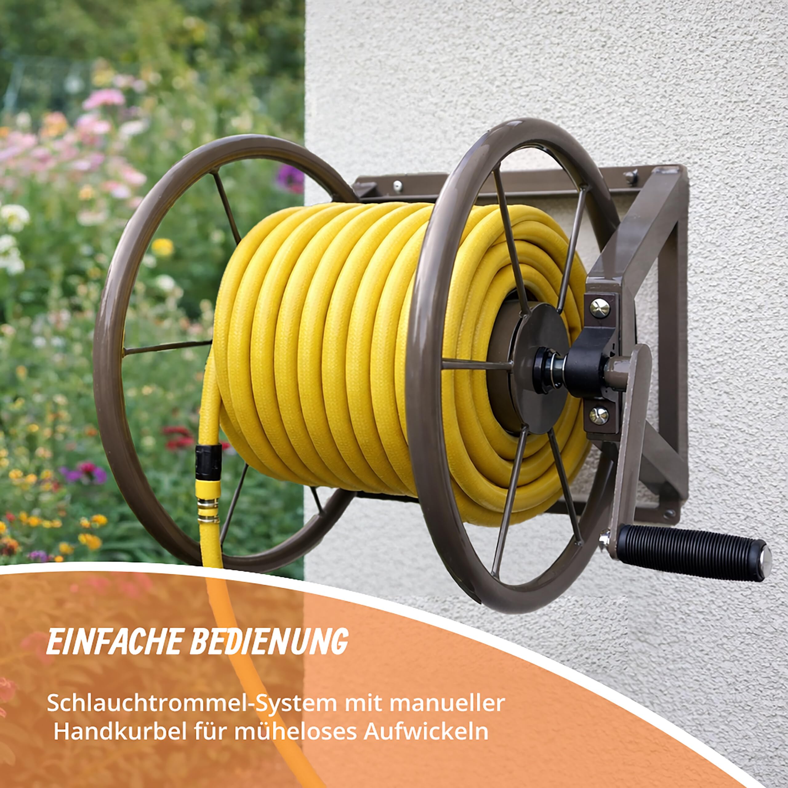Relaxdays Schlauchtrommel, Edelstahl, 60 m, Wandmontage, Klickkupplung, HxBxT: 55 x 48 x 42 cm, Schlauchwickler, braun