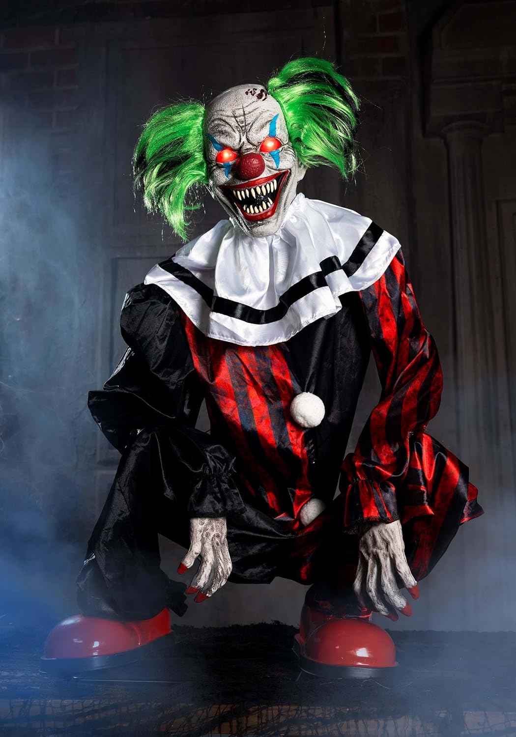 Fun Costumes Crouching Clown Red Animatronic, Evil Circus Halloween Decoration Swaying, Lights Up, Laughs Display