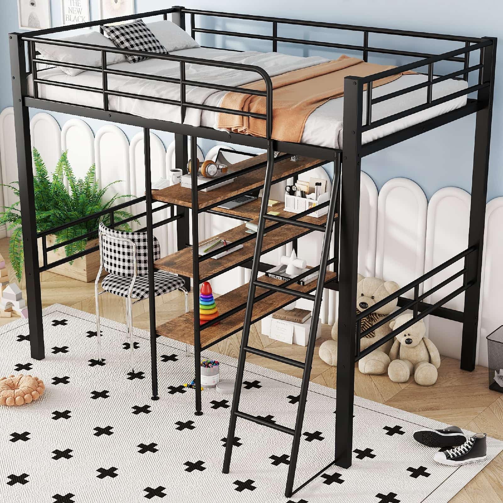 PUGSDRLY Lit Mezzanine Enfant 90x200cm Bureau Étagères, Cadre Fer Hauteur Adolescent Noir