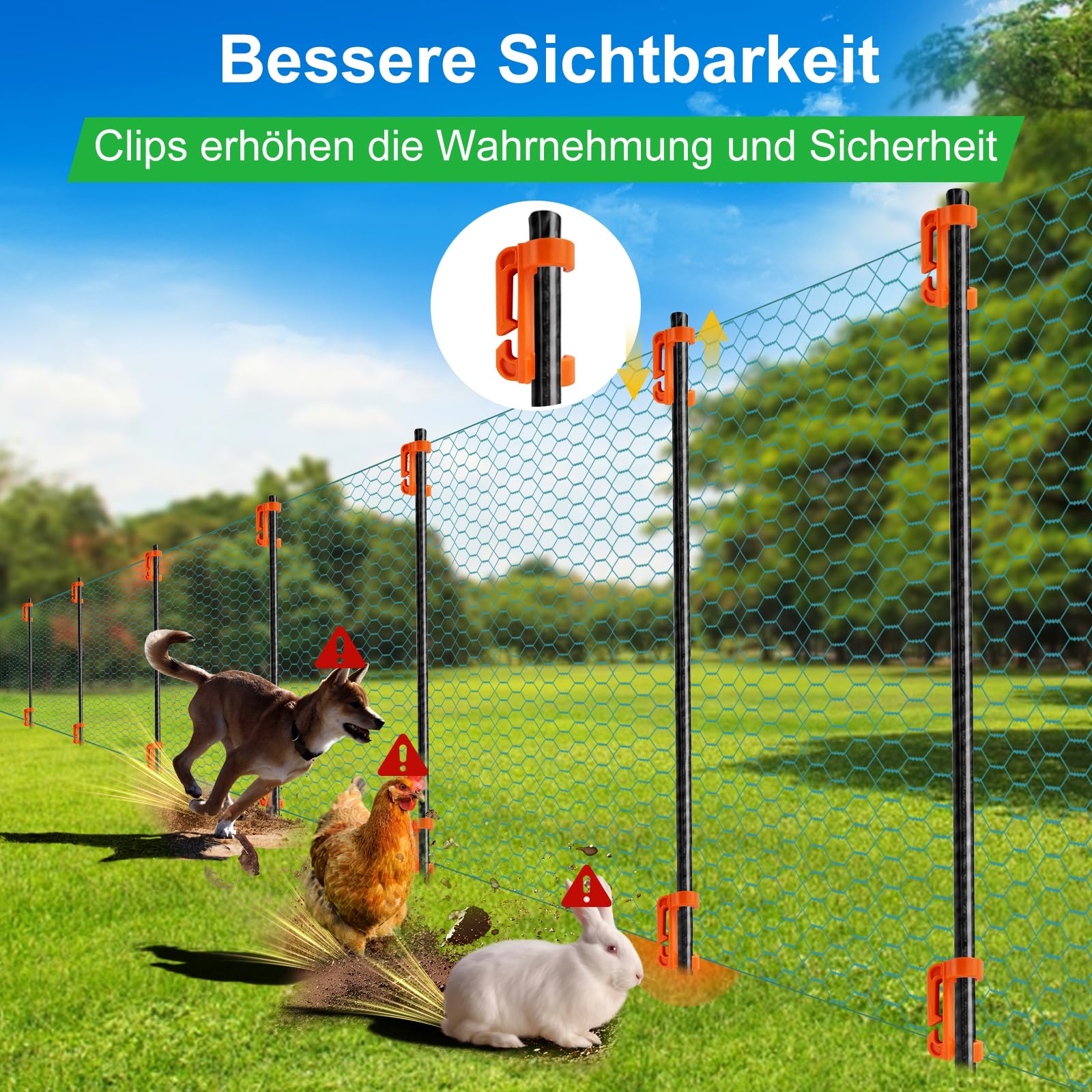 Begrenzungszaun Maschendrahtzaun mobiler Hühnerzaun & Hundezaun, 120 cm Höhe, Kunststoff beschichtet, Geflügelzaun Set mit Fiberglaspfosten für Garten & Tiergehege，30m
