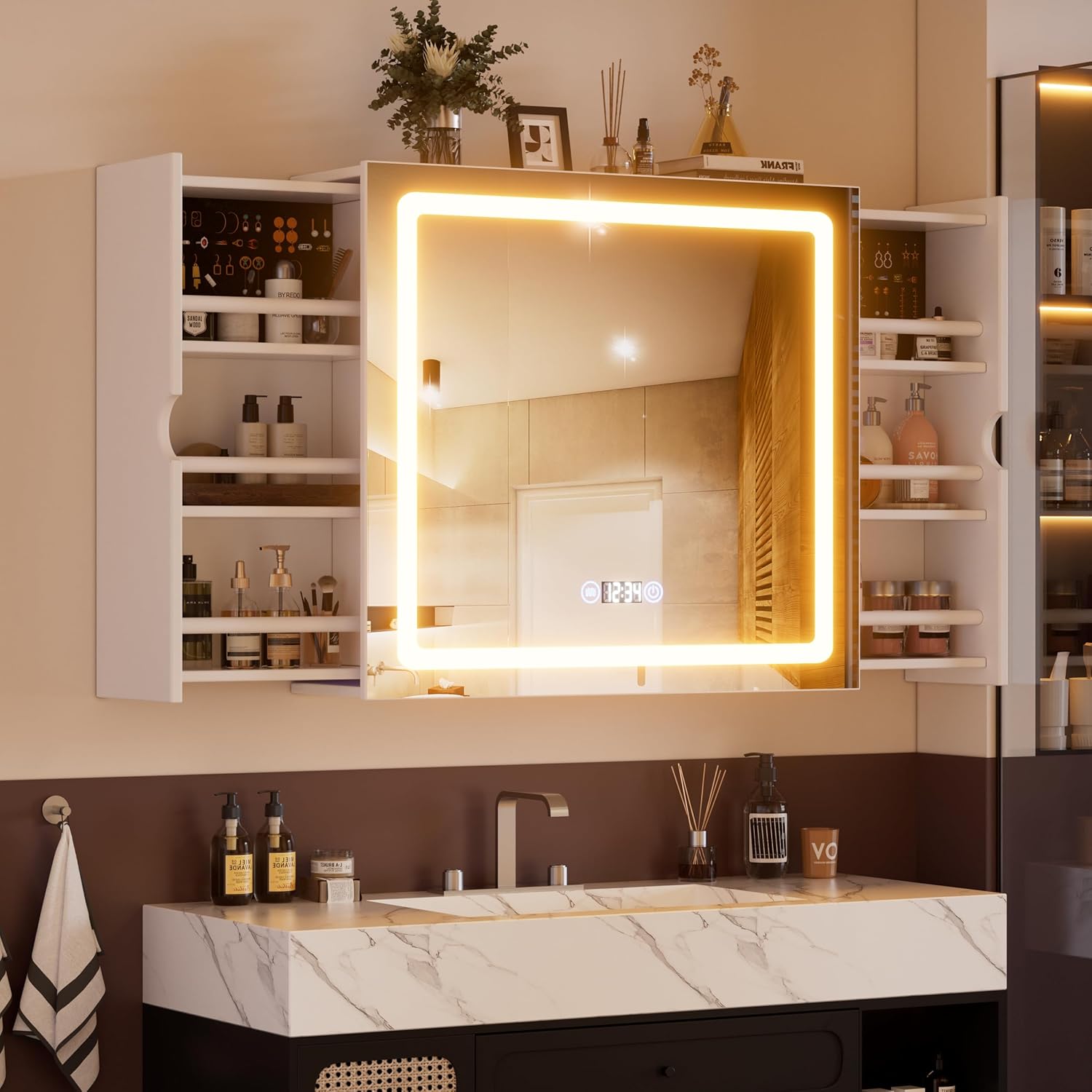 PAKASEPT Anti-Fog Lighted Bathroom Medicine Mirror Cabinet, LED Wall Mounted Medicine Cabinet with Mirror, Lighted Bathroom Mirror Cabinet 3 Doors