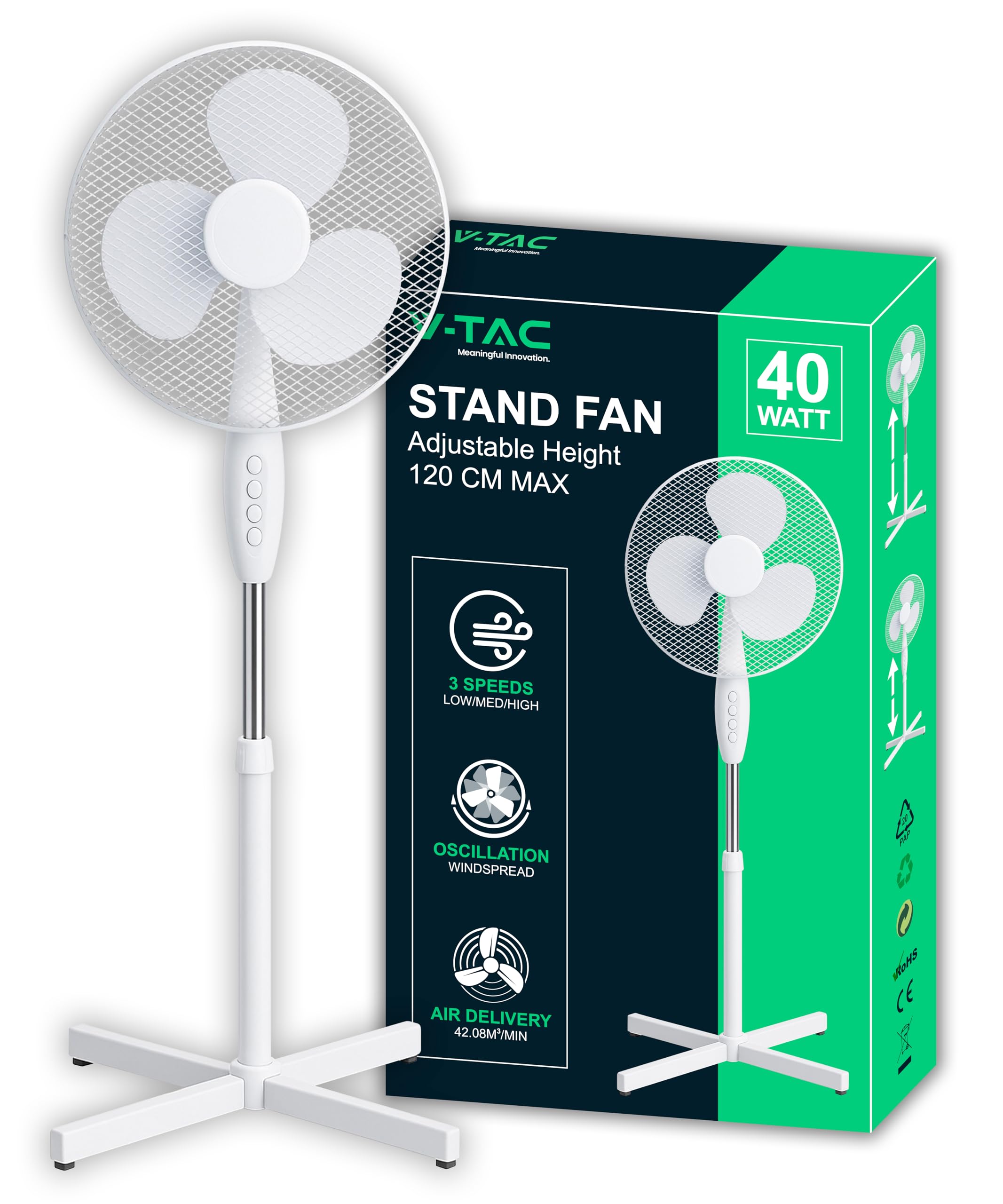 V-TAC Ventilatore a Piantana 40W - Potente Flusso d'Aria - Design Elegante - 3 Velocità - Altezza Regolabile (Max 120cm) - 3 Pale Rotanti - Oscillazione e Inclinazione Regolabili - Bianco