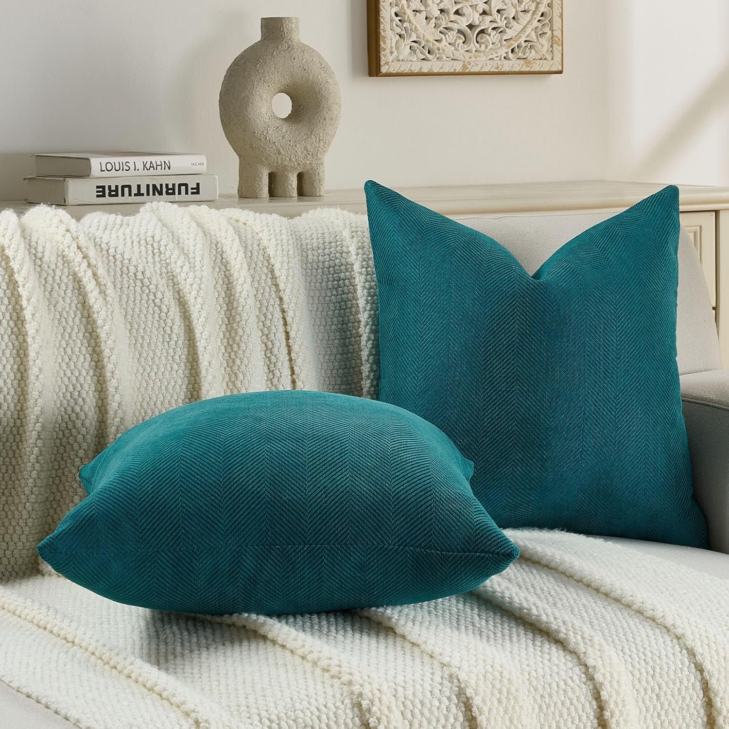 FUTEI Pack of 2 Chevron Chenille Throw Pillow Covers 18x18 Inch Soft Herringbone Texture Solid Decorative Cushion Case Farmhouse Home Decor for Couch Bed Living Room, Teal