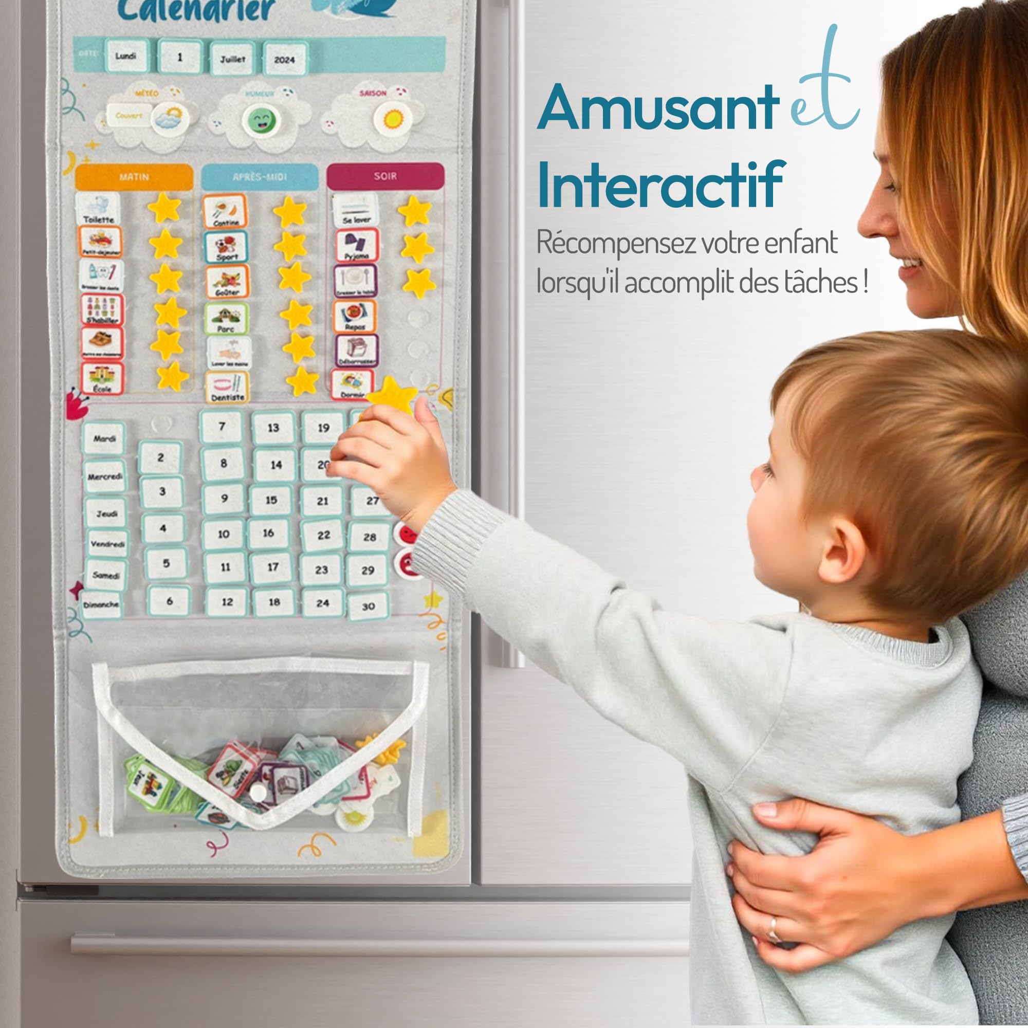 Tableau Routine Enfant Journée MagnéTique Éducatif Montessori 82x32cm 179 Vignettes D'Activités VariéES, Jour De La Semaine Enfant, Mois, MéTéo, Humeur, Pochette Rangement - Gris Clair