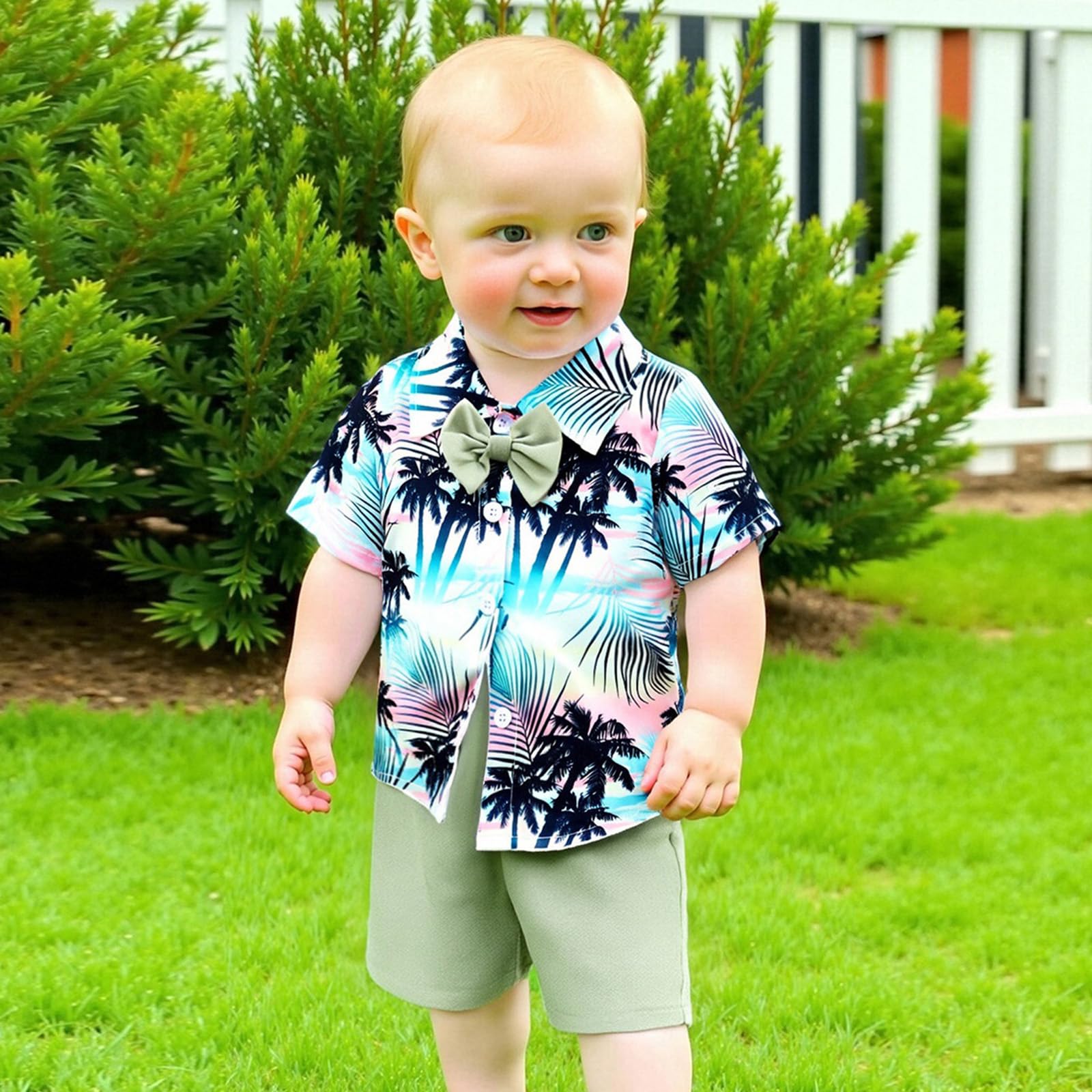Thorn Tree Toddler Boy Summer Clothes Button Down Shirt & Shorts 2Pcs Tree Printed Casual Beach Outfits (Style B Light Green Set, 3-4 Years)
