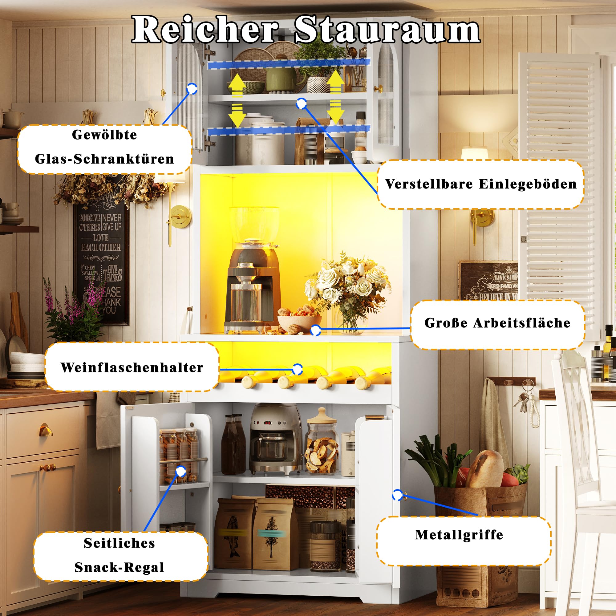 Kebnor Hochbuffetschrank 180cm Weiß mit App-RGB-LED, gewölbte Glastüren, Weinregal & Anti-Kipp-Vorrichtung, verstellbare Einlegeböden
