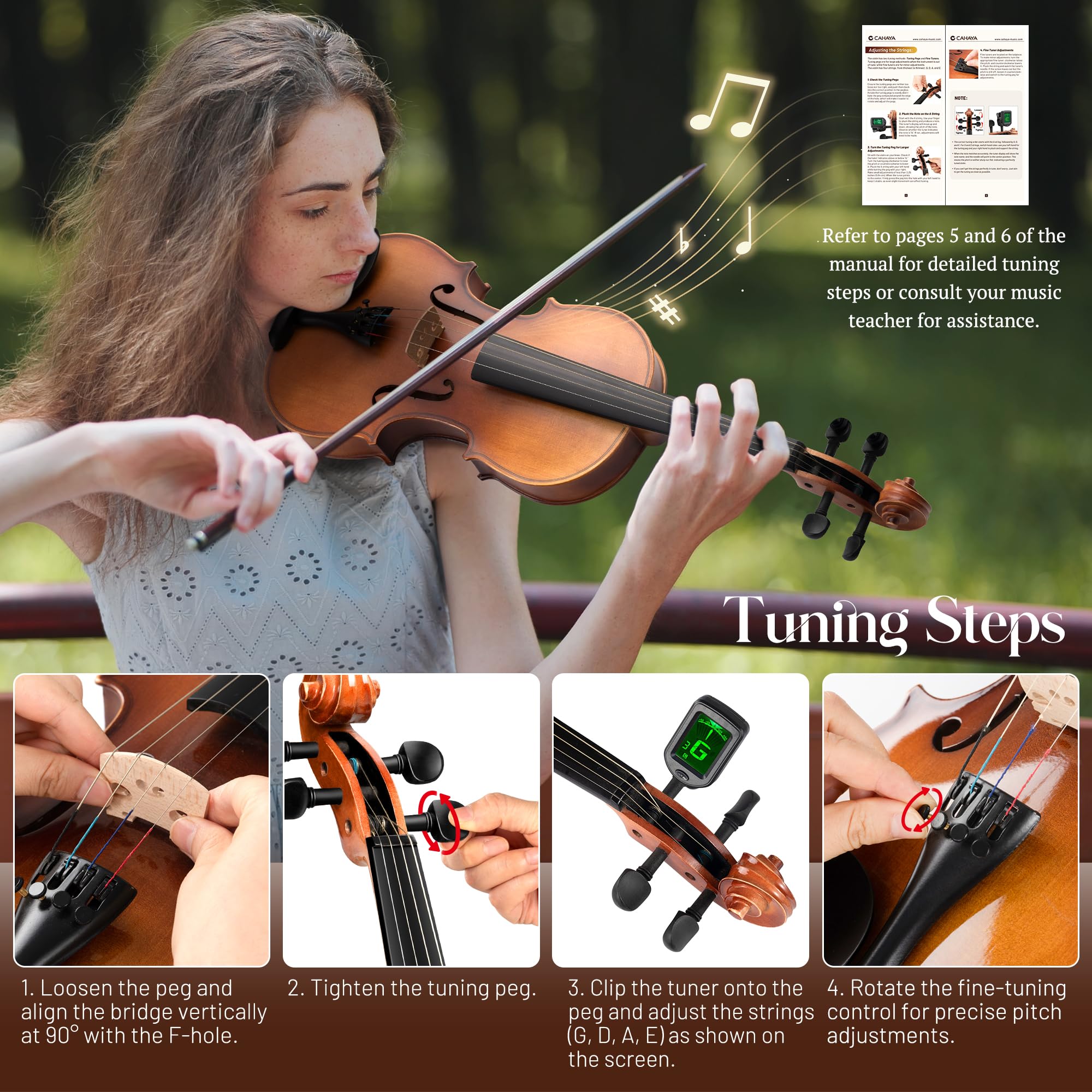 CAHAYA Massivholz Violine 4/4 Matt Handgefertigt: Geigen-Set für Anfänger Erwachsene Schüler und 12-jährige Kinder - Massivholzgeige mit Geigenkasten Schulterstütze Stimmgerät Kolofonium