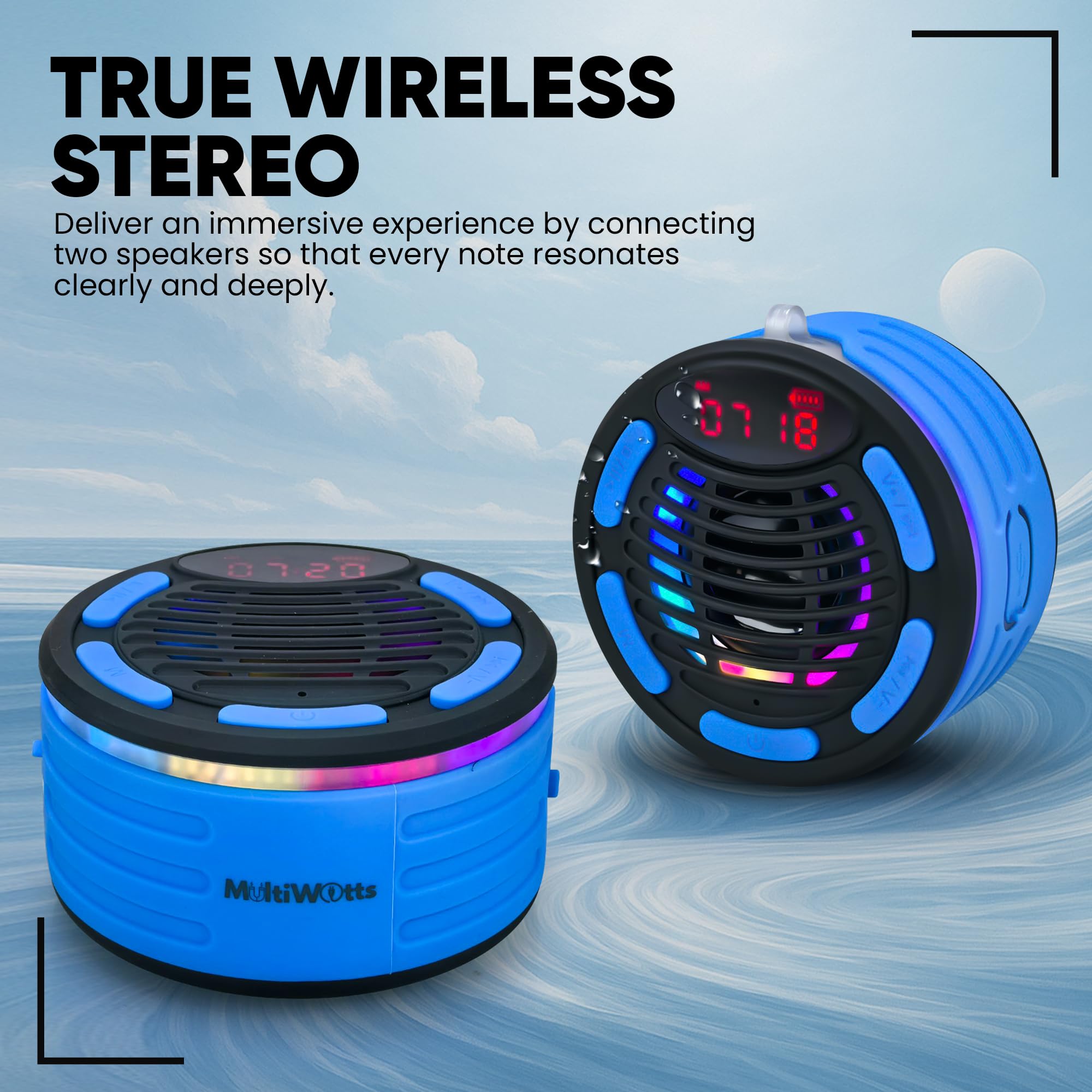 Altoparlante Bluetooth portatile impermeabile con aspirazione, moschettone, supporto per bici, cavo da 2 m, luci LED, TWS, orologio Digi, IP67, 12 ore di riproduzione, suono stereo, doccia