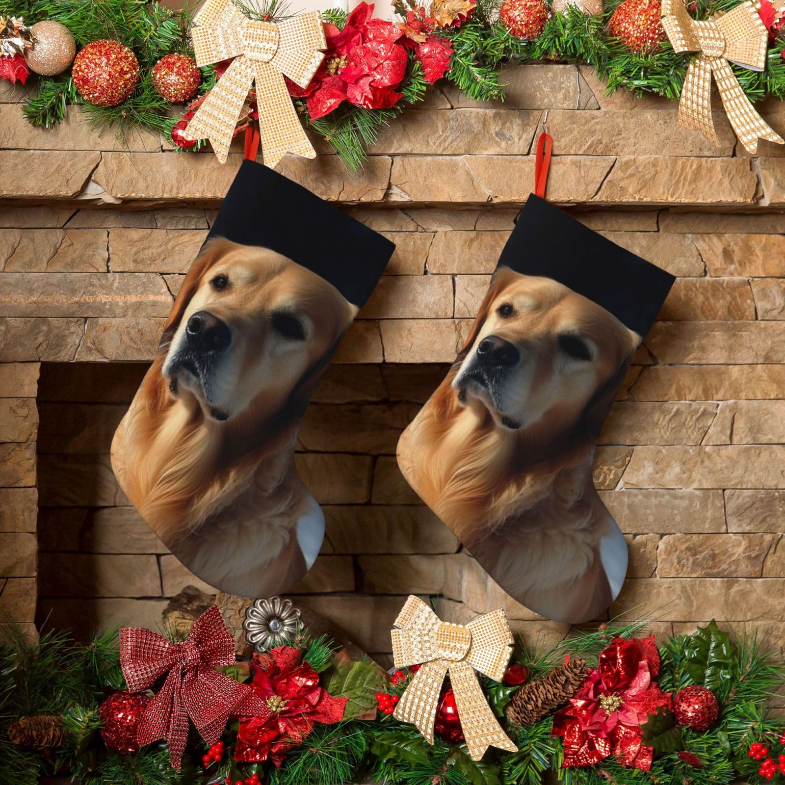 KLOPH Christmas Stockings 18" Personalized Xmas Stocking Golden Retriever Decoration Stocking Hanging Fireplace Stocking for Holiday Xmas Tree Christmas Fireplace Decor