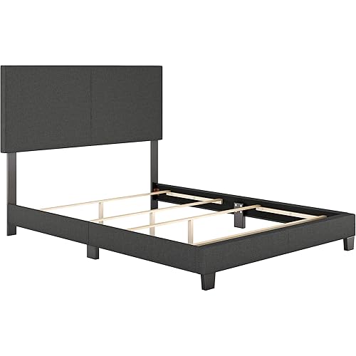Boyd Sleep Milan Upholstered Platform Bed Frame Mattress Foundation with Linen Headboard and 4-Slat Supports, Requires Box Spring: Black, Full Size