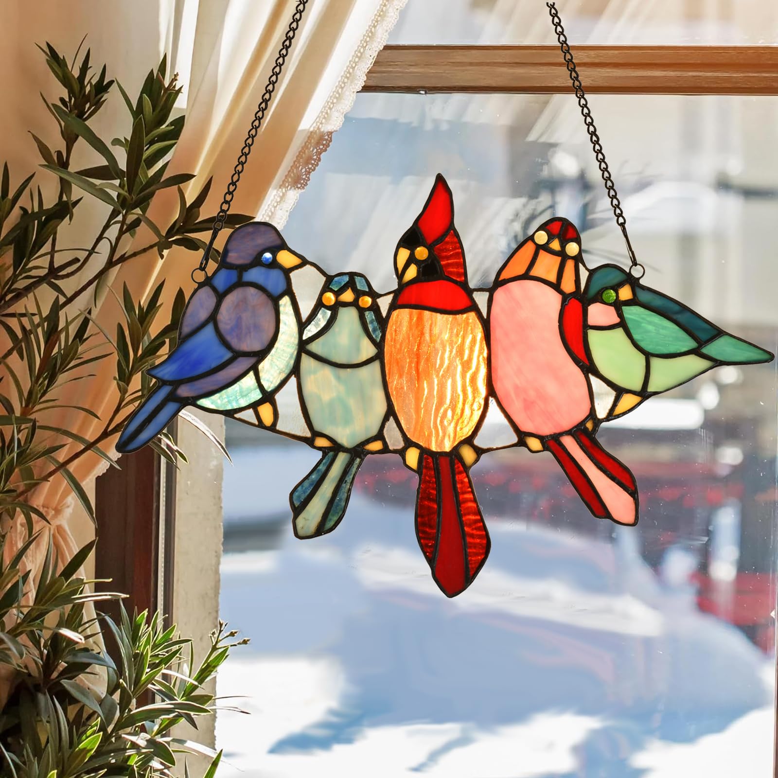 PA0011 Fensterpaneel mit tropischen Vögeln auf dem Draht, Buntglas, Tiffany-Stil, Hänge, Sonnencacher mit Kette, 30,5 x 19,1 cm, Kunstglas-Dekoration für Fenster, Wand, Garten