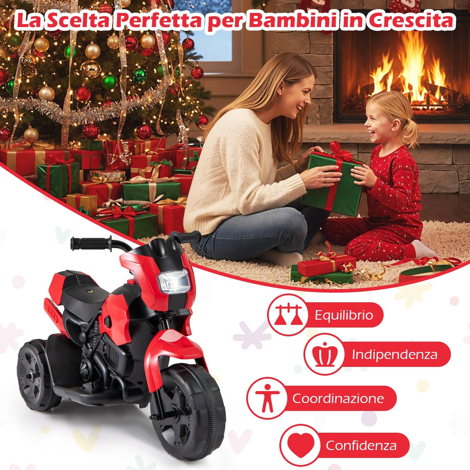 COSTWAY 6V Moto Elettrica per Bambini, Moto a 3 Ruote con Fari LED, Pedale a Piedi, Veicolo Elettrico a Batteria per Bambini 37-72 Mesi (Rosso)