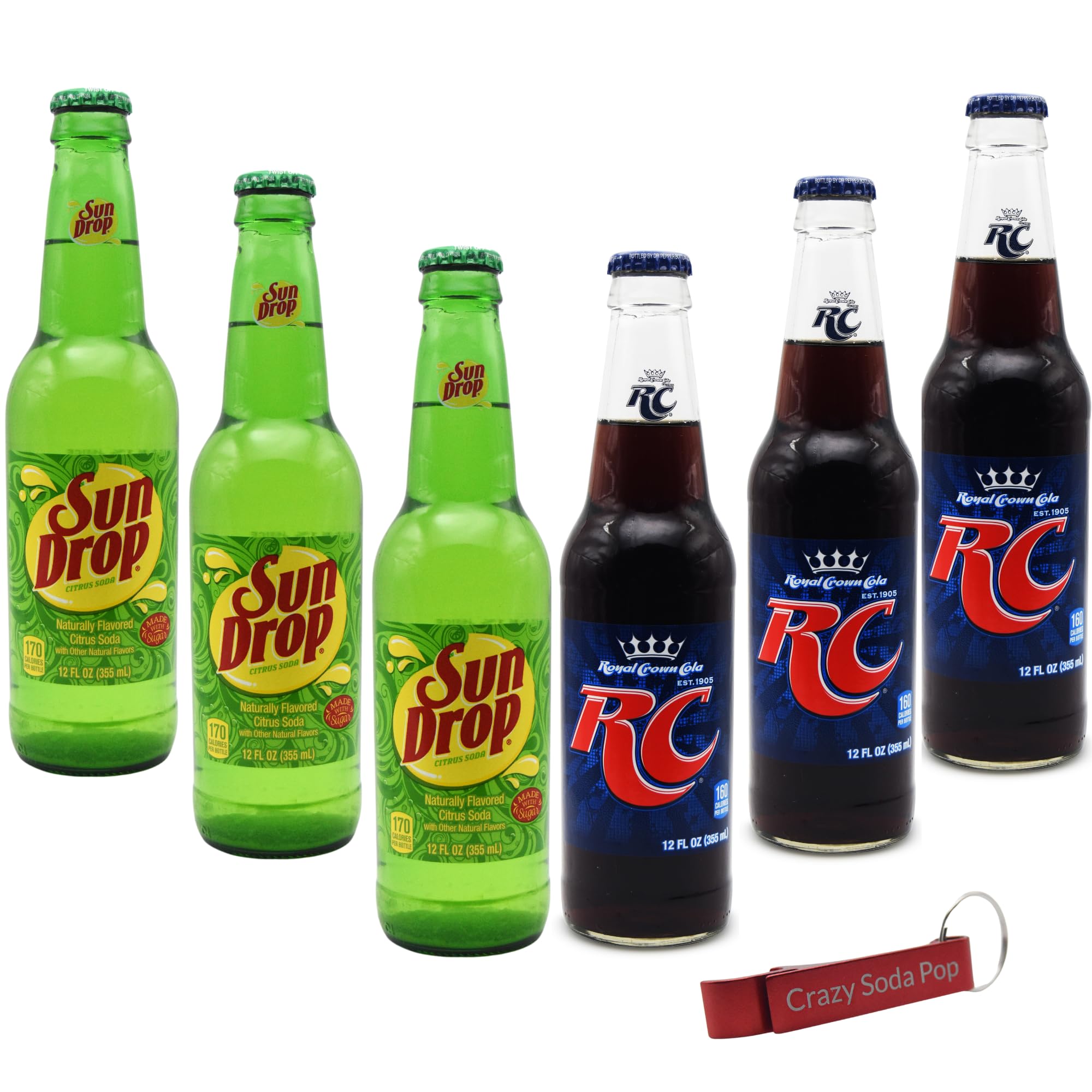 GenericRC Cola and Sun Drop | Mixed 6 Pack of the Nostalgic Classics with Real Sugar | 12 oz Glass Bottles with Crazy Soda Pop Bottle Opener