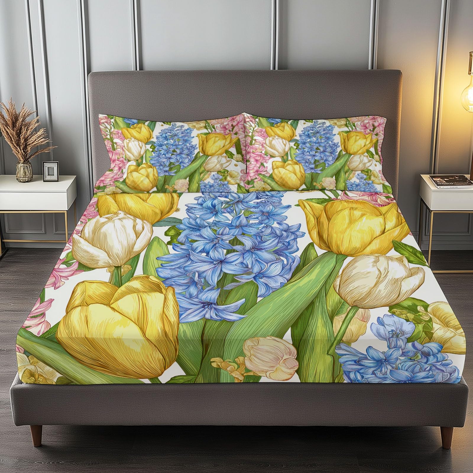 Sábana bajera de 180 x 200 cm, Pascua representante de las plantas y las flores, sábana bajera grande de 30 cm, juego de cama de microfibra infantil con 2 fundas de almohada, color