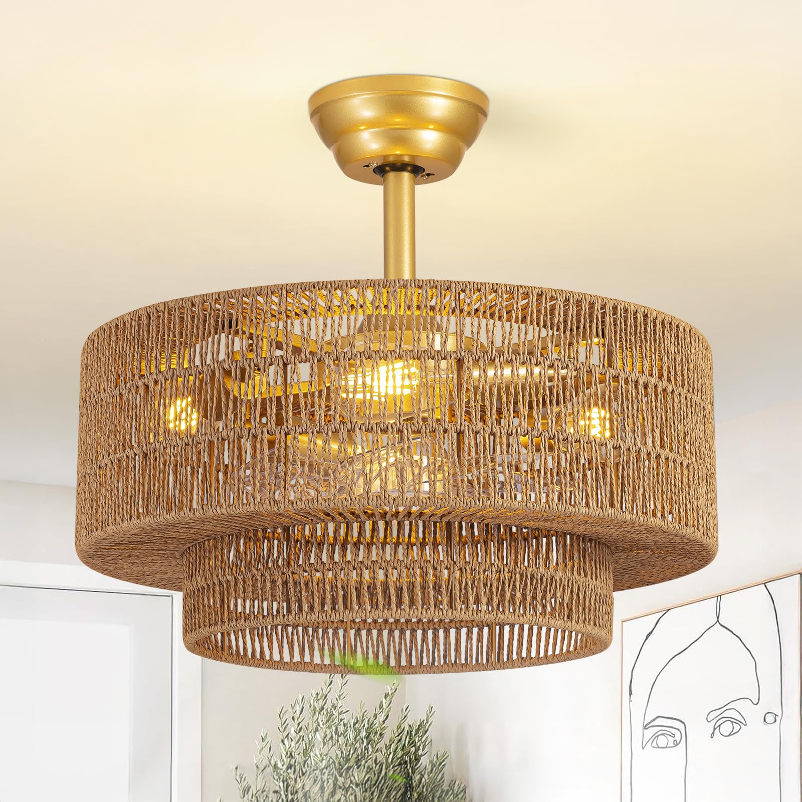 Photo 1 of Jughtbo Boho Caged Fandelier with Lights Flush Mount Rattan Ceiling Fan